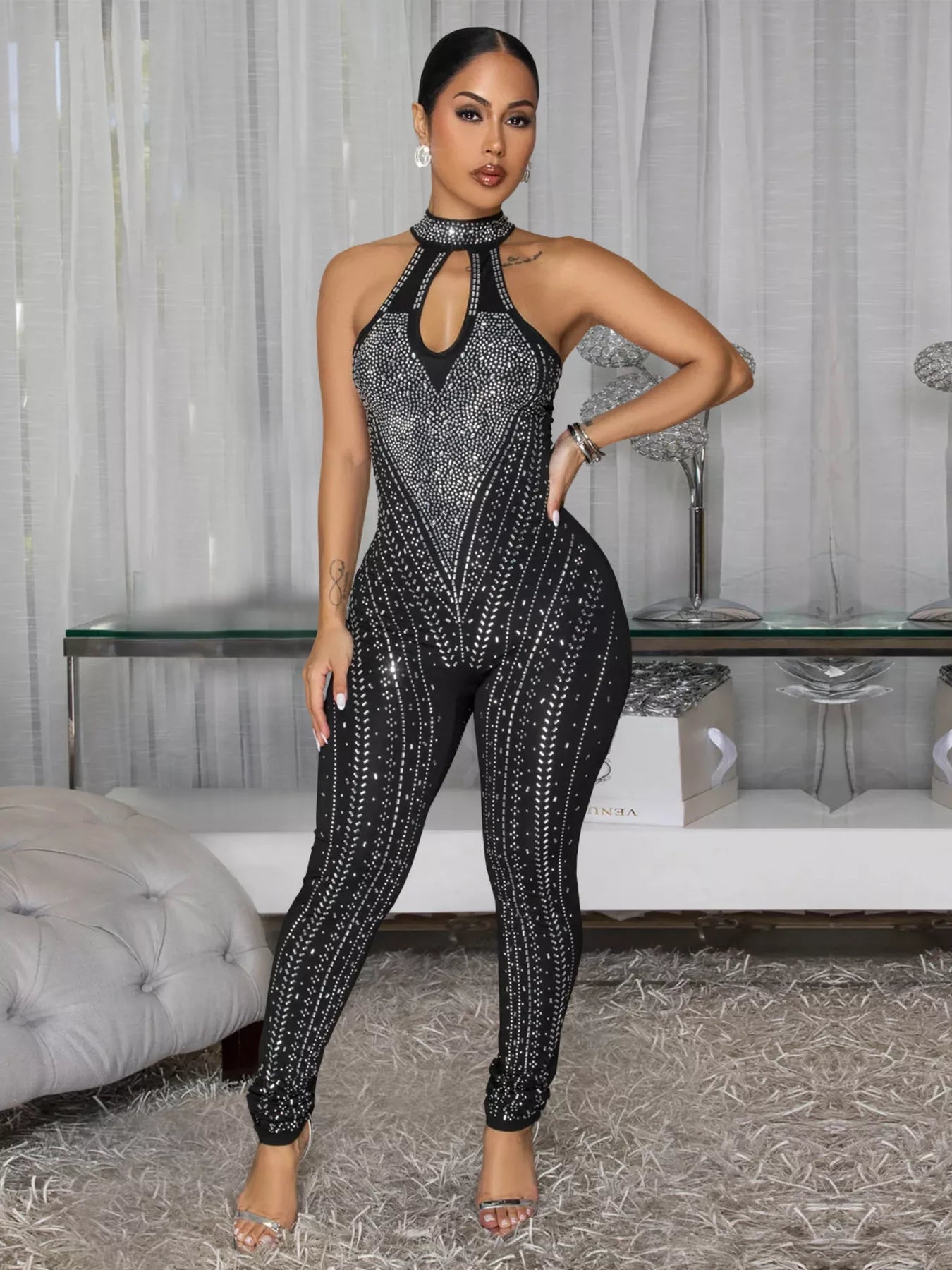 Sparkling Rhinestone Cutout Jumpsuit - Girly Tea