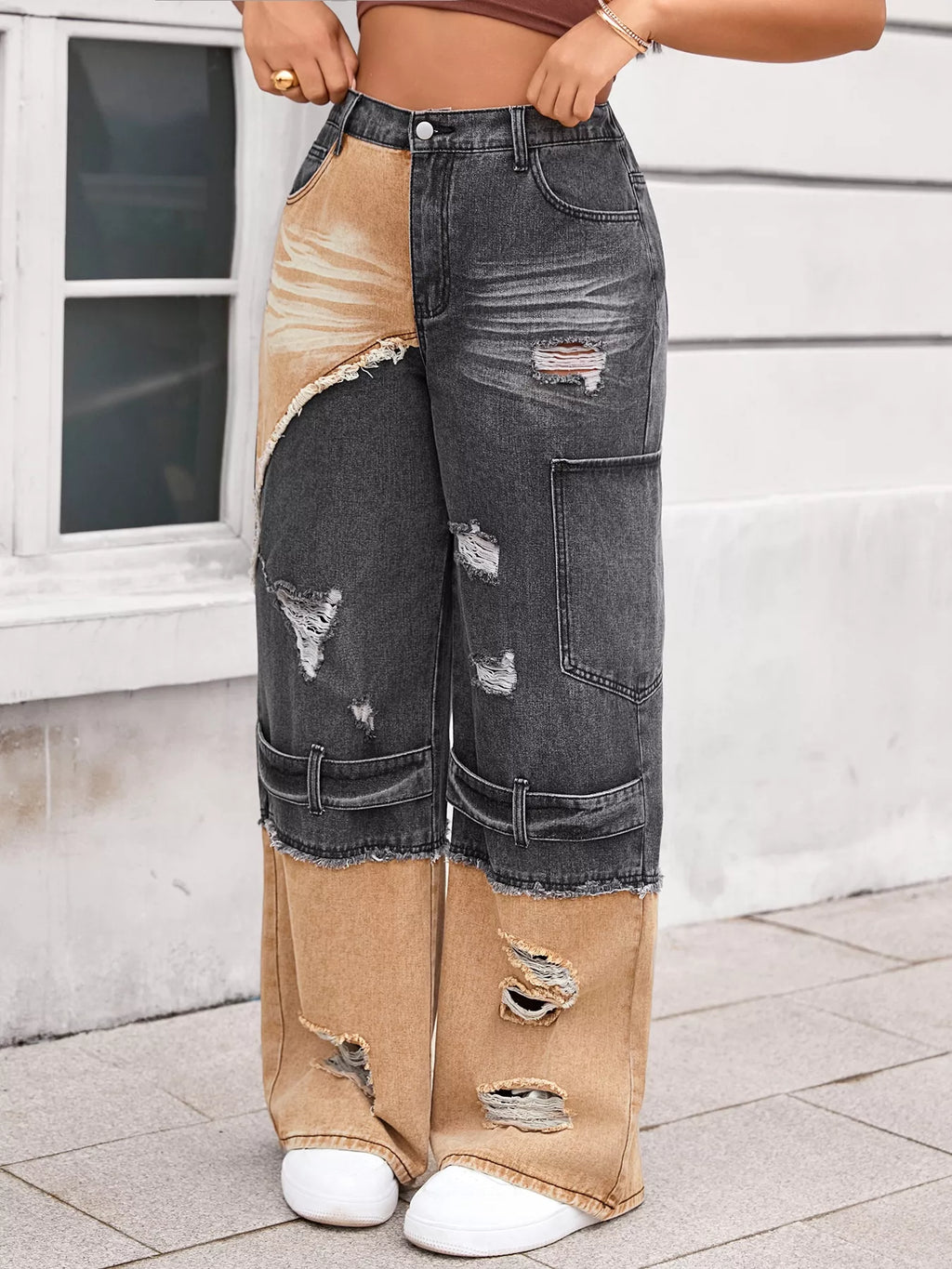Two-Tone Ripped Wide Leg Jeans - Girly Tea