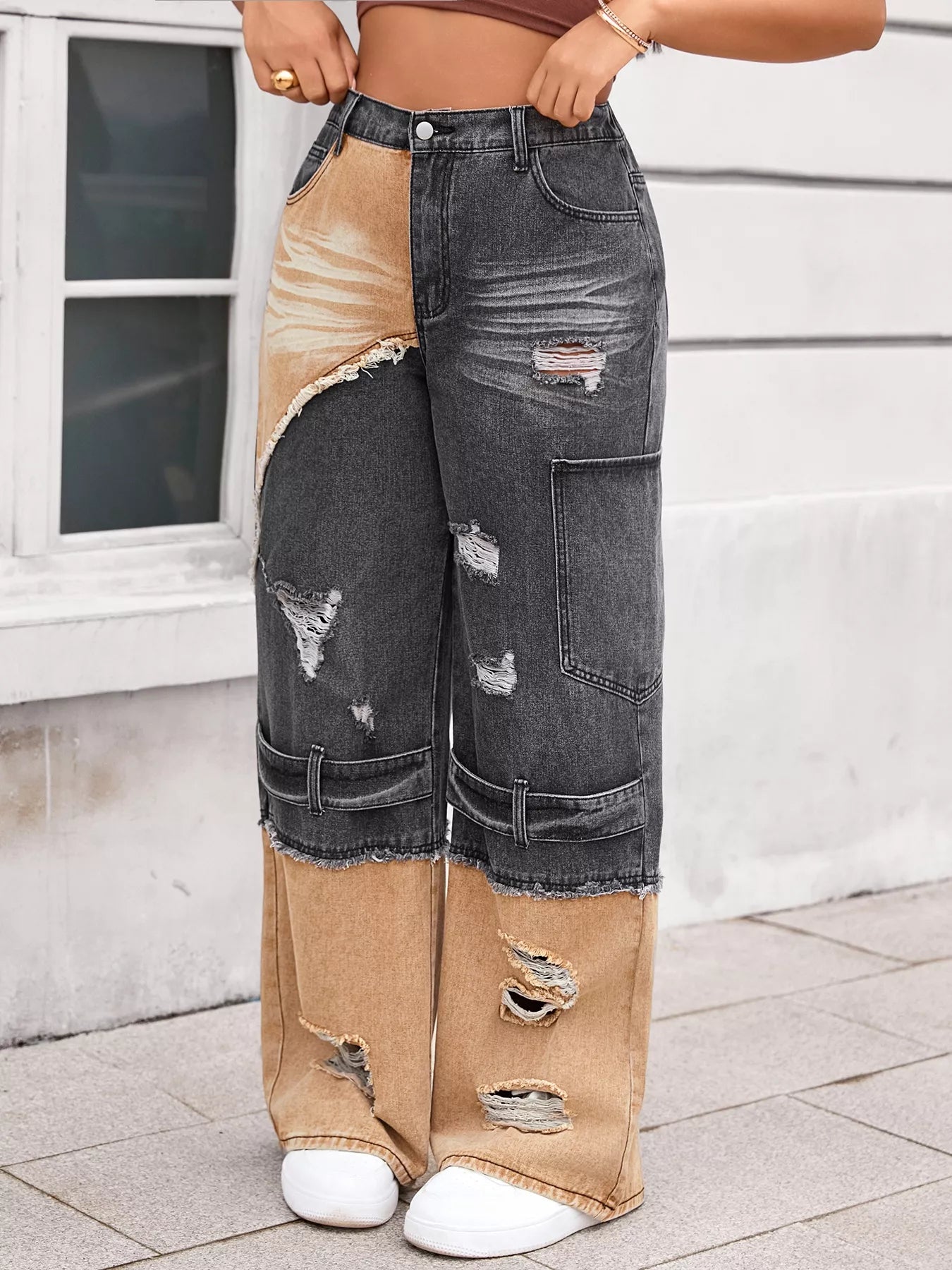 Two-Tone Ripped Wide Leg Jeans - Girly Tea