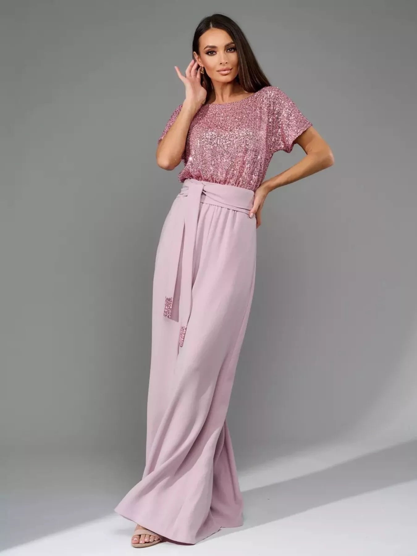 Full Size Sequin Short Sleeve Wide Leg Jumpsuit Plus Size - Girly Tea