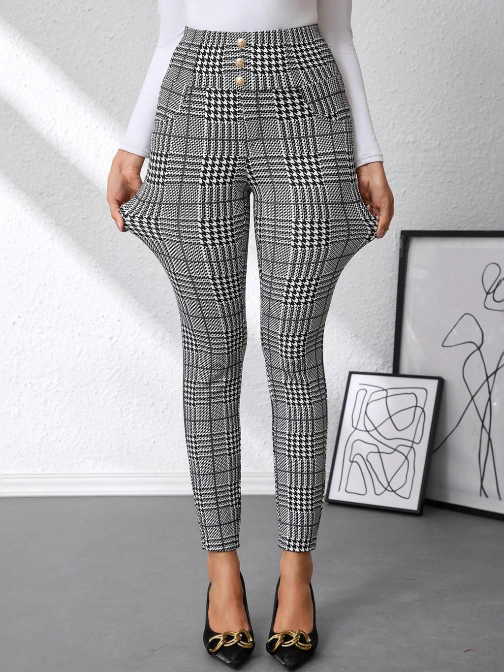 High Waist Plaid Slim Fit Pants - Girly Tea
