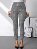 High Waist Plaid Slim Fit Pants - Girly Tea