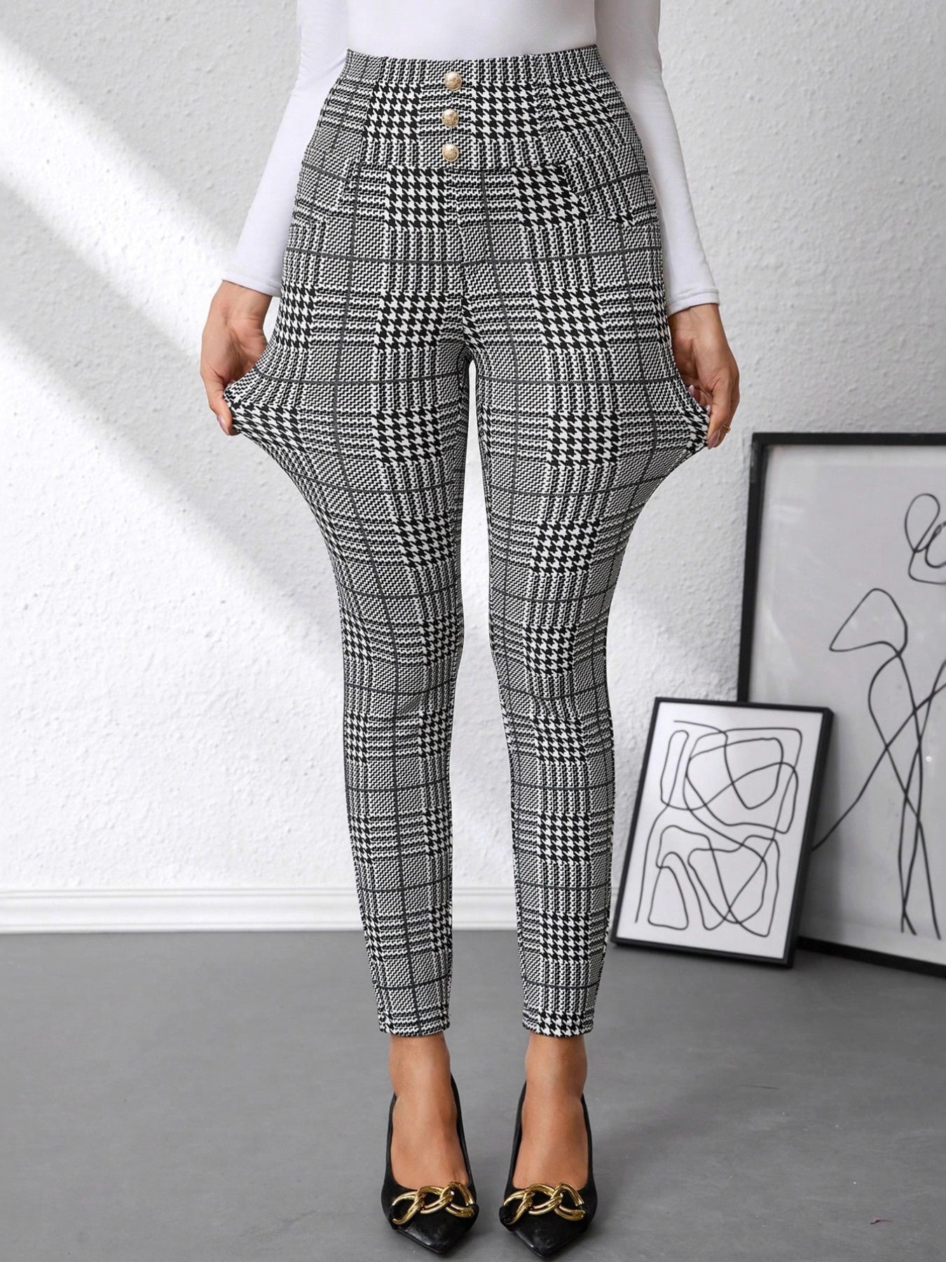High Waist Plaid Slim Fit Pants - Girly Tea