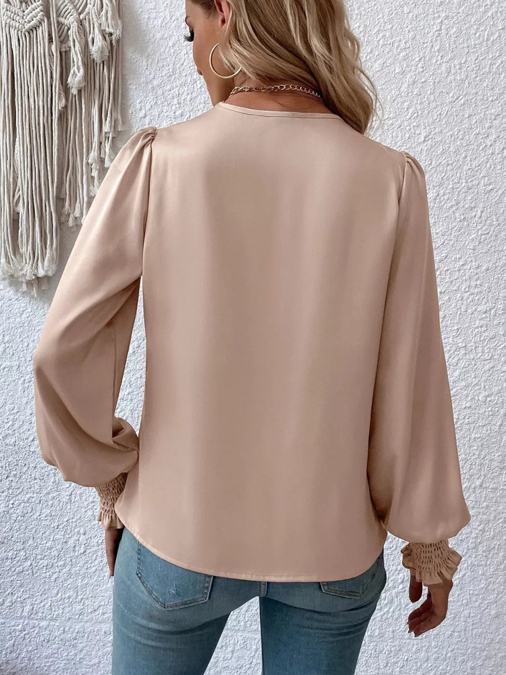 Surplice Smocked Lantern Sleeve Blouse - Girly Tea