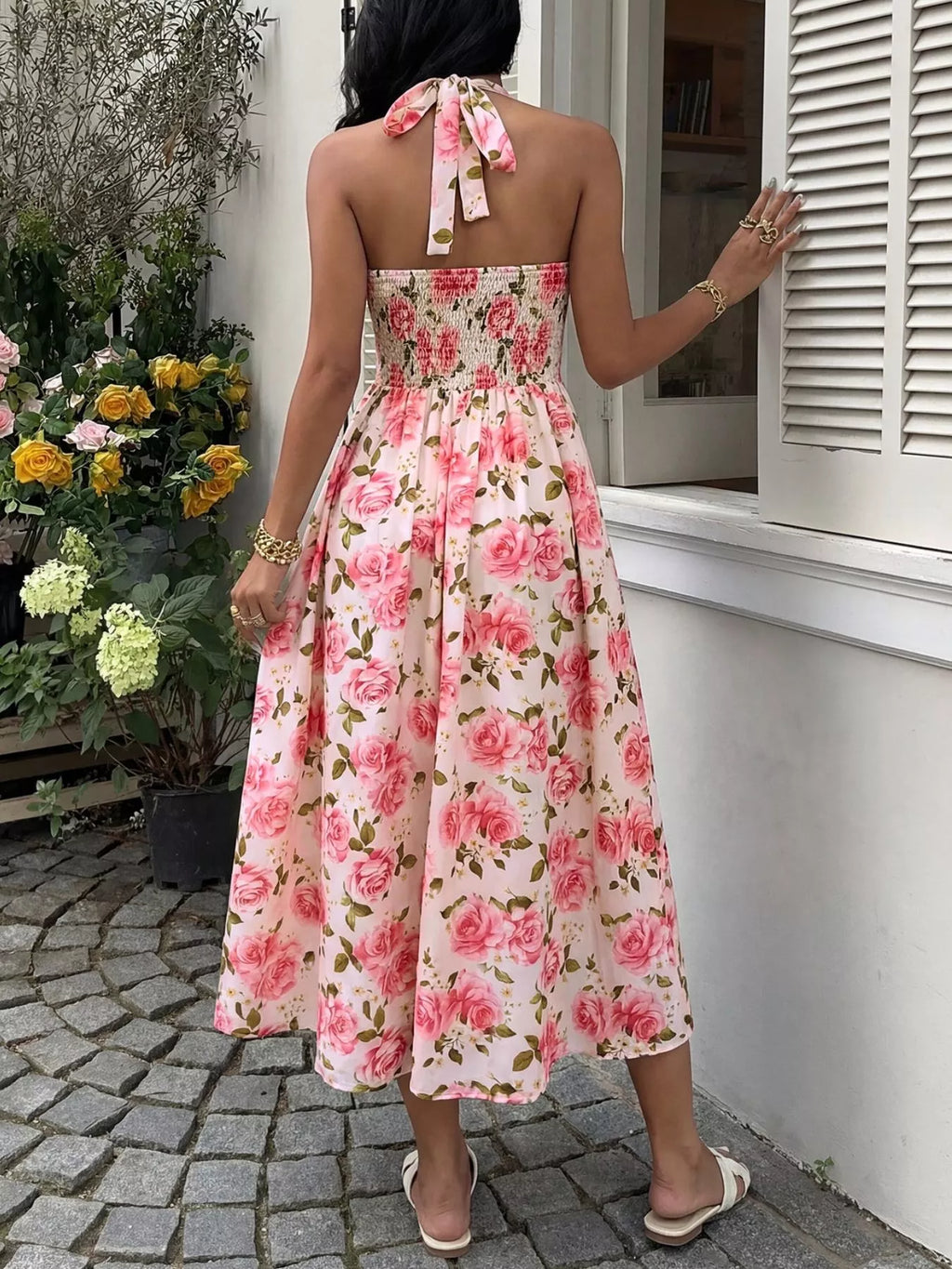 Floral Print Halter Neck Midi Dress - Girly Tea