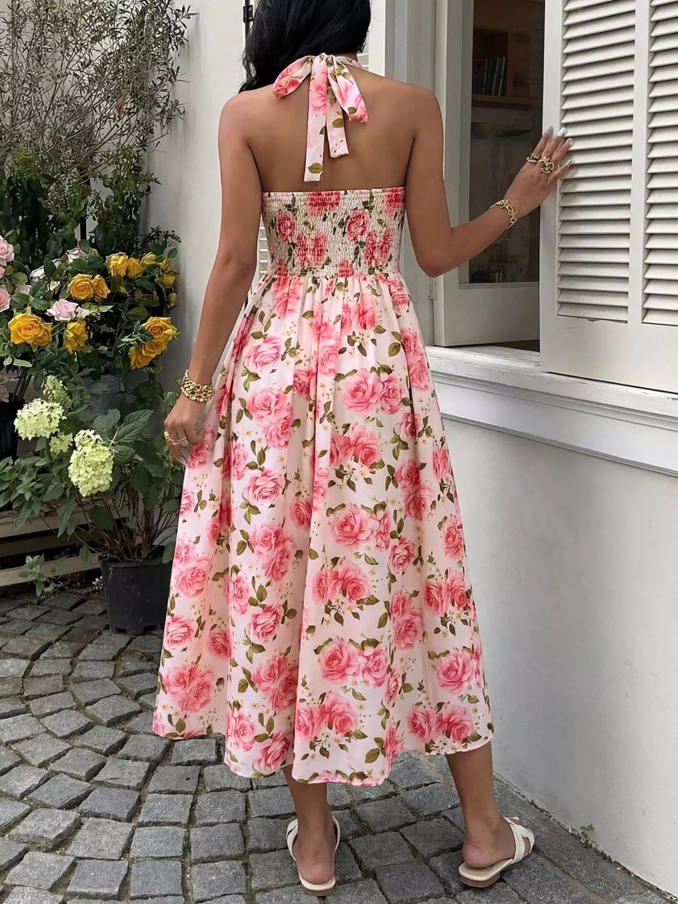 Floral Print Halter Neck Midi Dress - Girly Tea