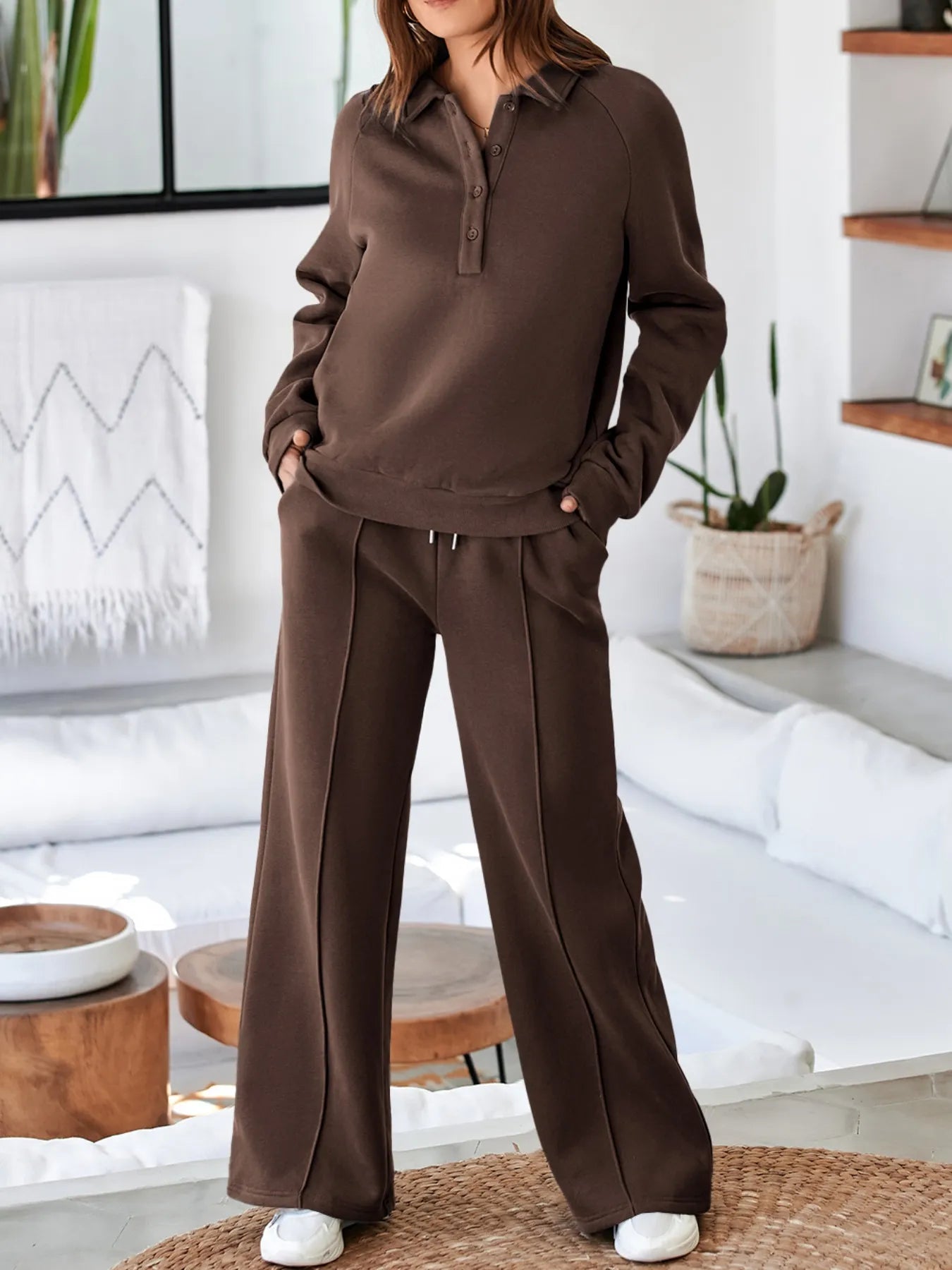 Collared Sweatshirt and High Waist Pants Active Set - Girly Tea