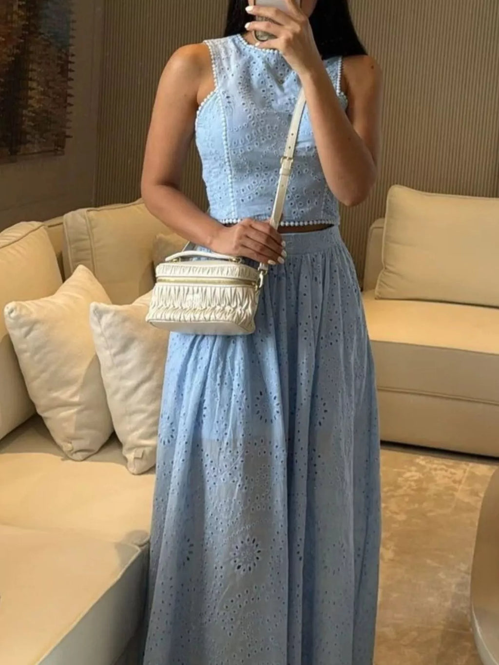 Eyelet Crop Top and Maxi Skirt Set - Girly Tea