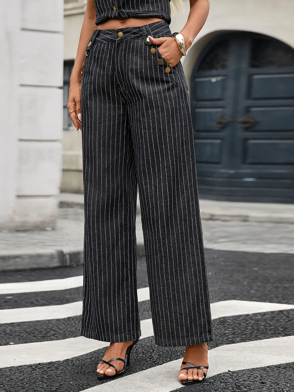 Striped Button Down Tank and Pants Denim Set - Girly Tea