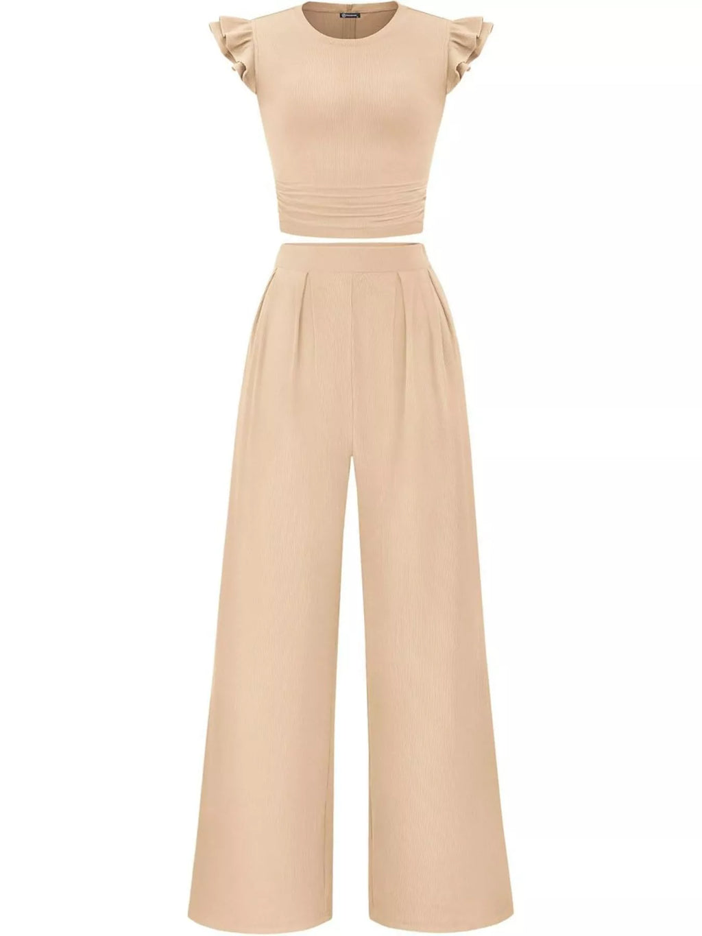 Ruffled Mock Neck Top and Wide Leg Pants Set - Girly Tea