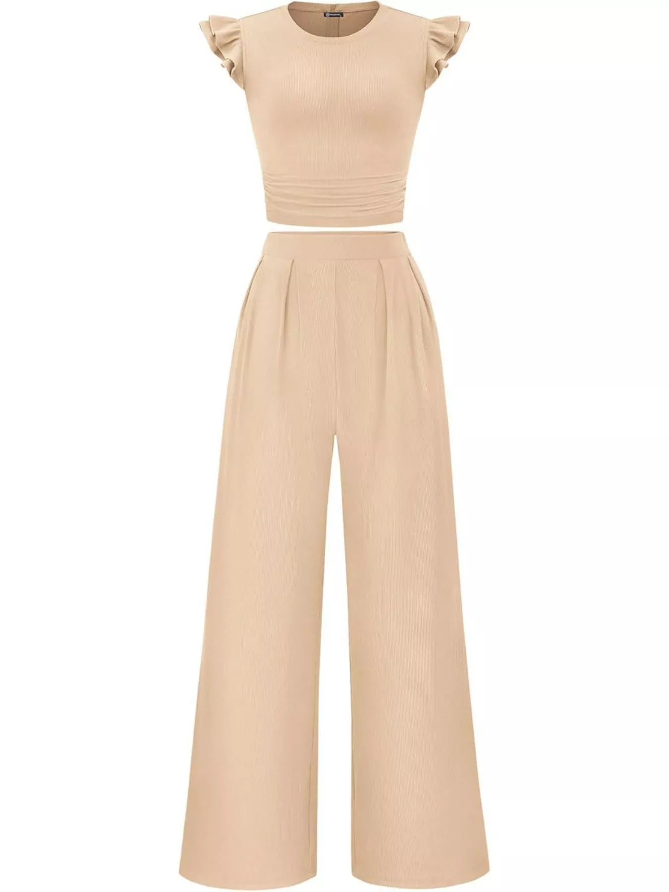 Ruffled Mock Neck Top and Wide Leg Pants Set - Girly Tea