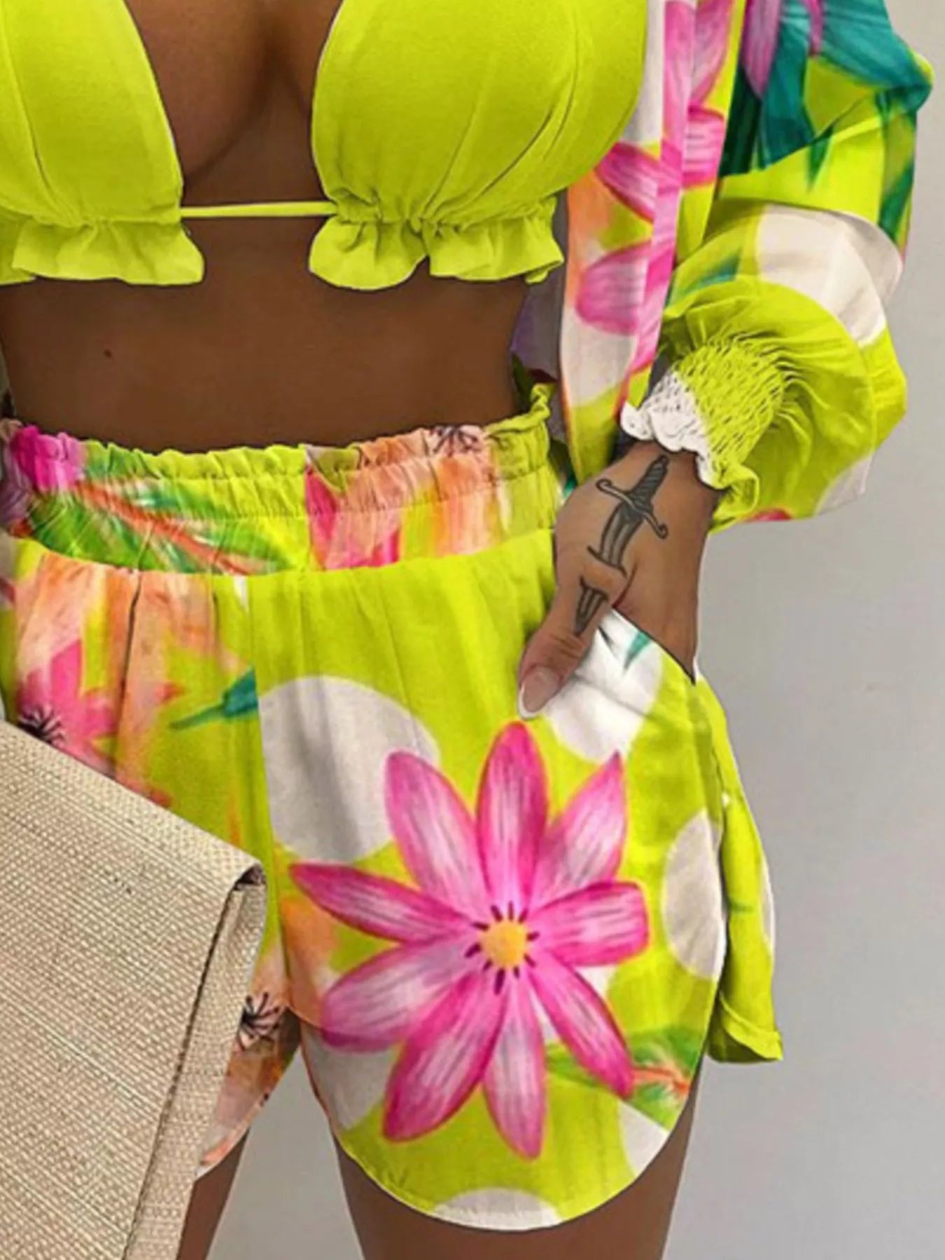 Full Size Halter Neck Cami & Shirt & Shorts 3-Piece Outfit Set Plus Size - Girly Tea