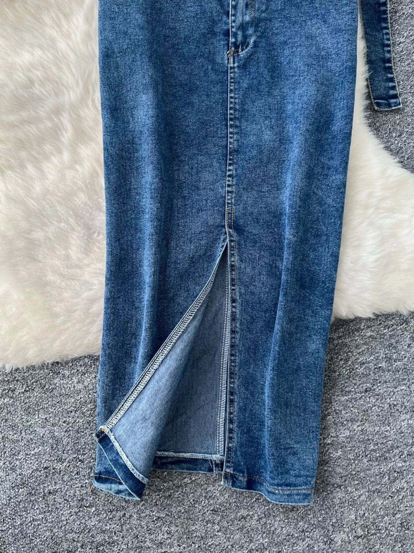 Frayed Denim Patchwork Top & Slit Maxi Skirt Denim Set - Girly Tea