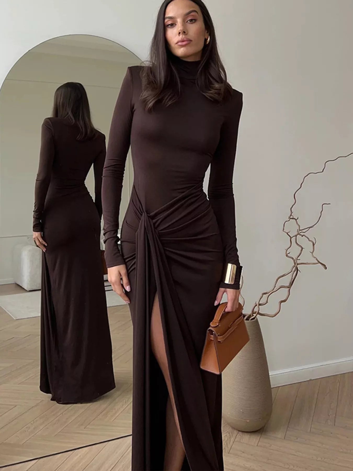 Turtleneck Long Sleeve Tie Waist Maxi Dress - Girly Tea