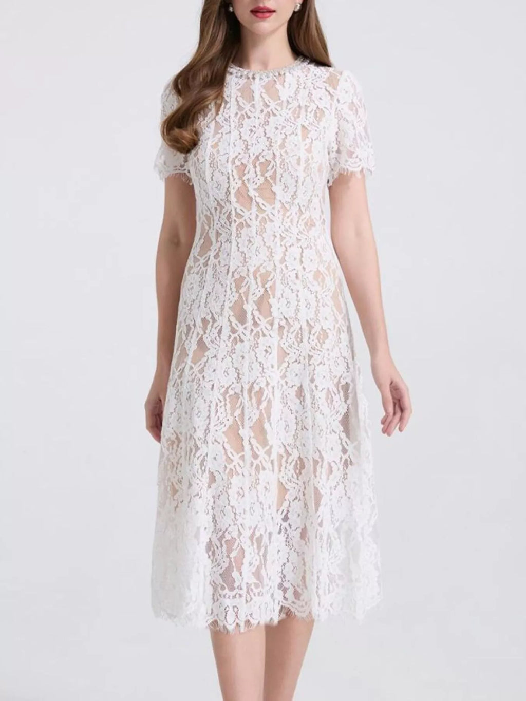 Lace Pearl Neckline Midi Dress - Girly Tea