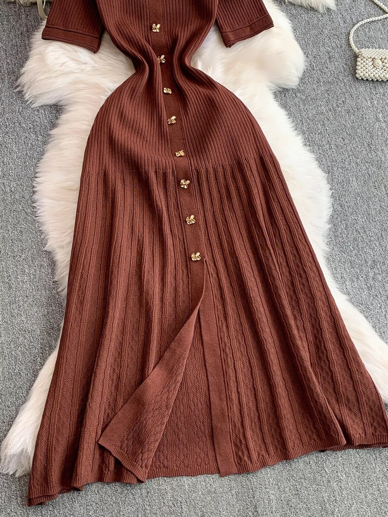 Button Front Ribbed Knit Midi Dress - Girly Tea
