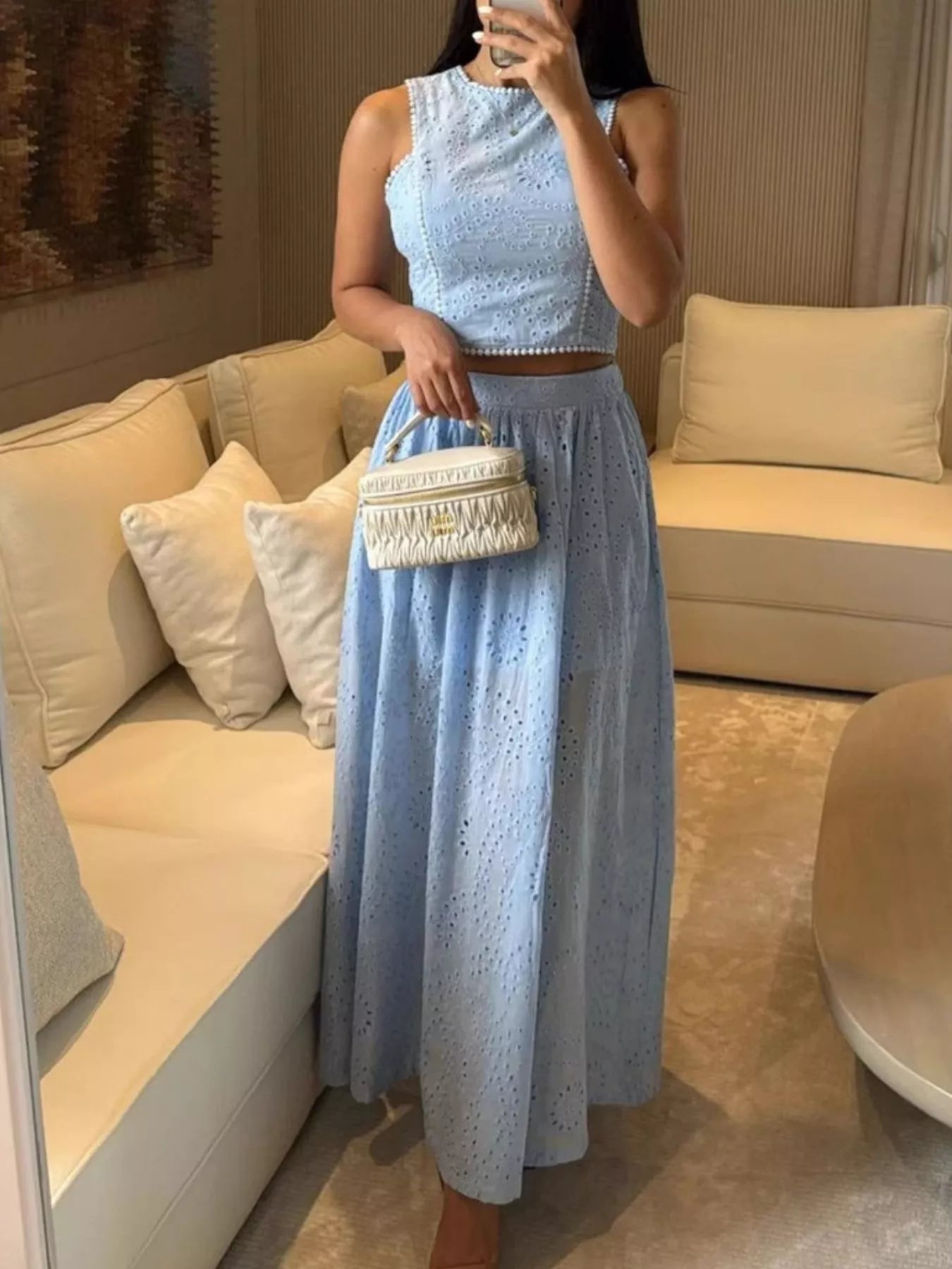 Eyelet Crop Top and Maxi Skirt Set - Girly Tea