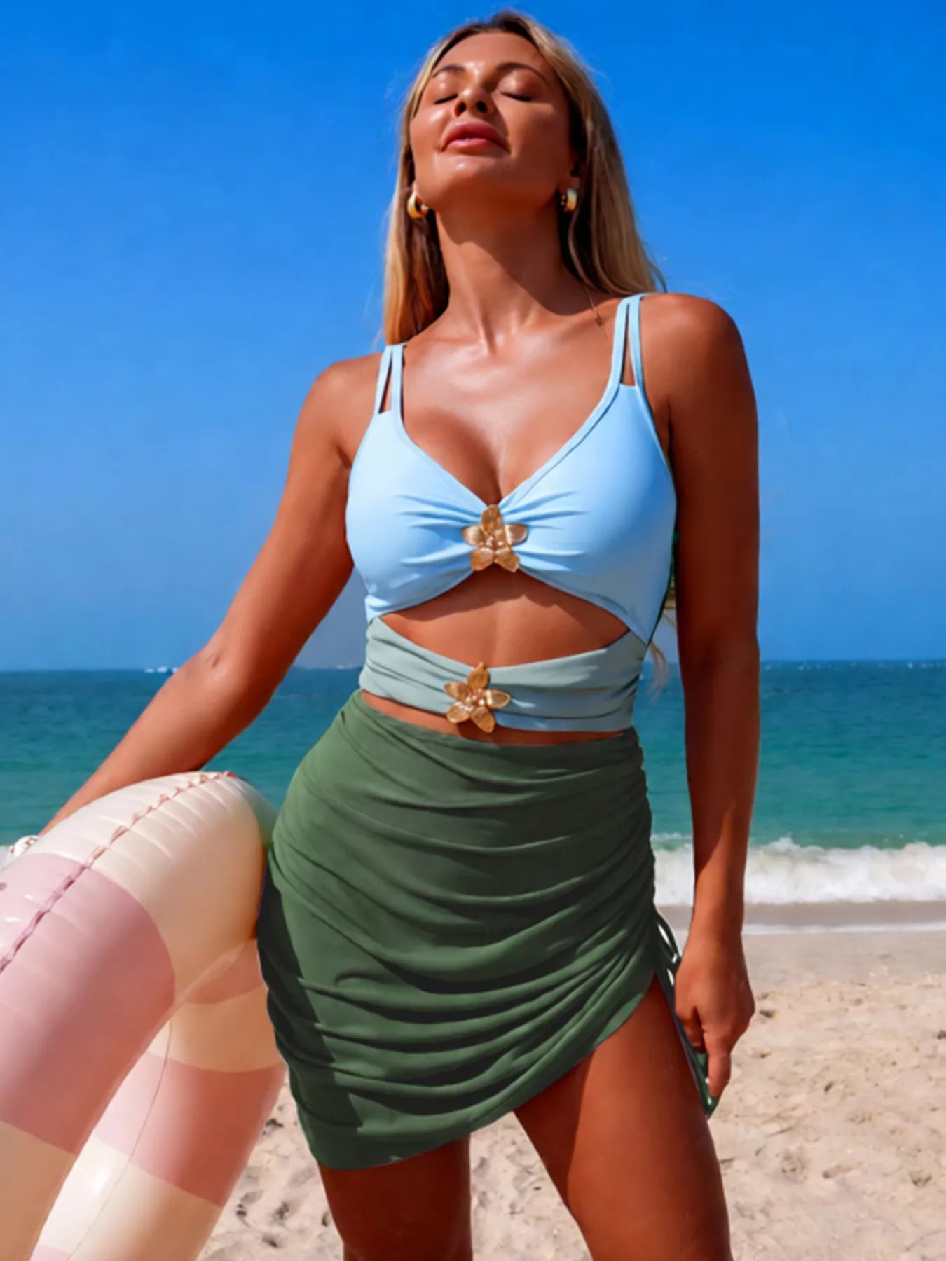 Color Block Cutout One-Piece Swimsuit - Girly Tea