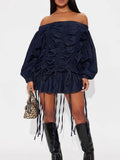 Off-Shoulder Ruched Denim Dress - Girly Tea
