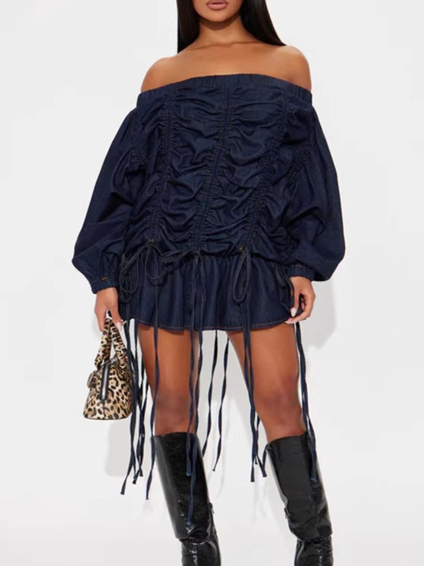 Off-Shoulder Ruched Denim Dress - Girly Tea