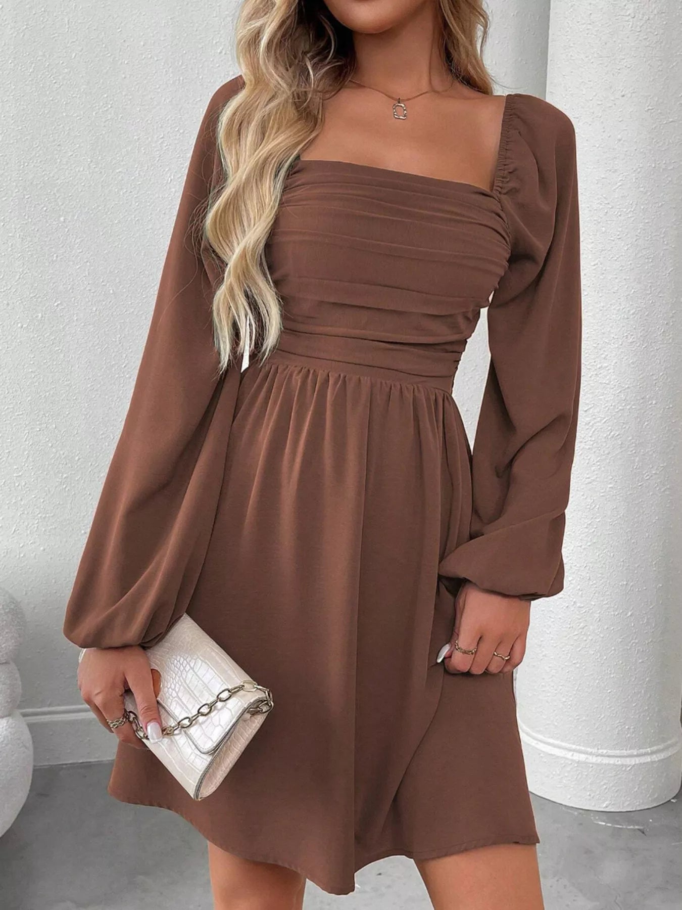 Ruched Square Neck Long Sleeve A-Line Dress - Girly Tea