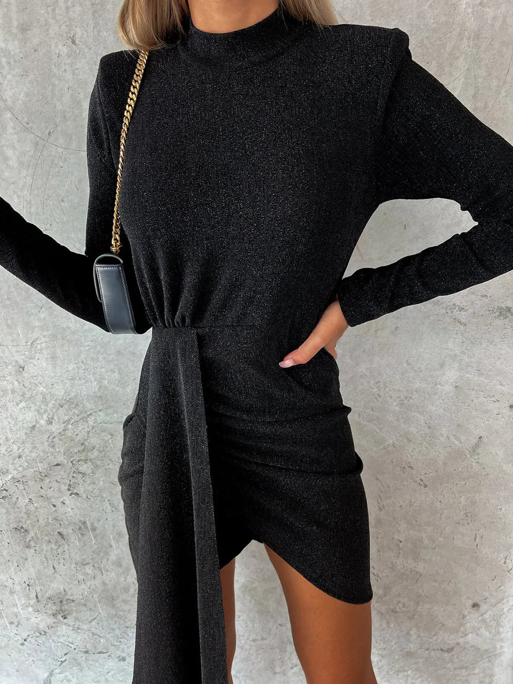 Heathered Mock Neck Long Sleeve Mini Dress - Girly Tea