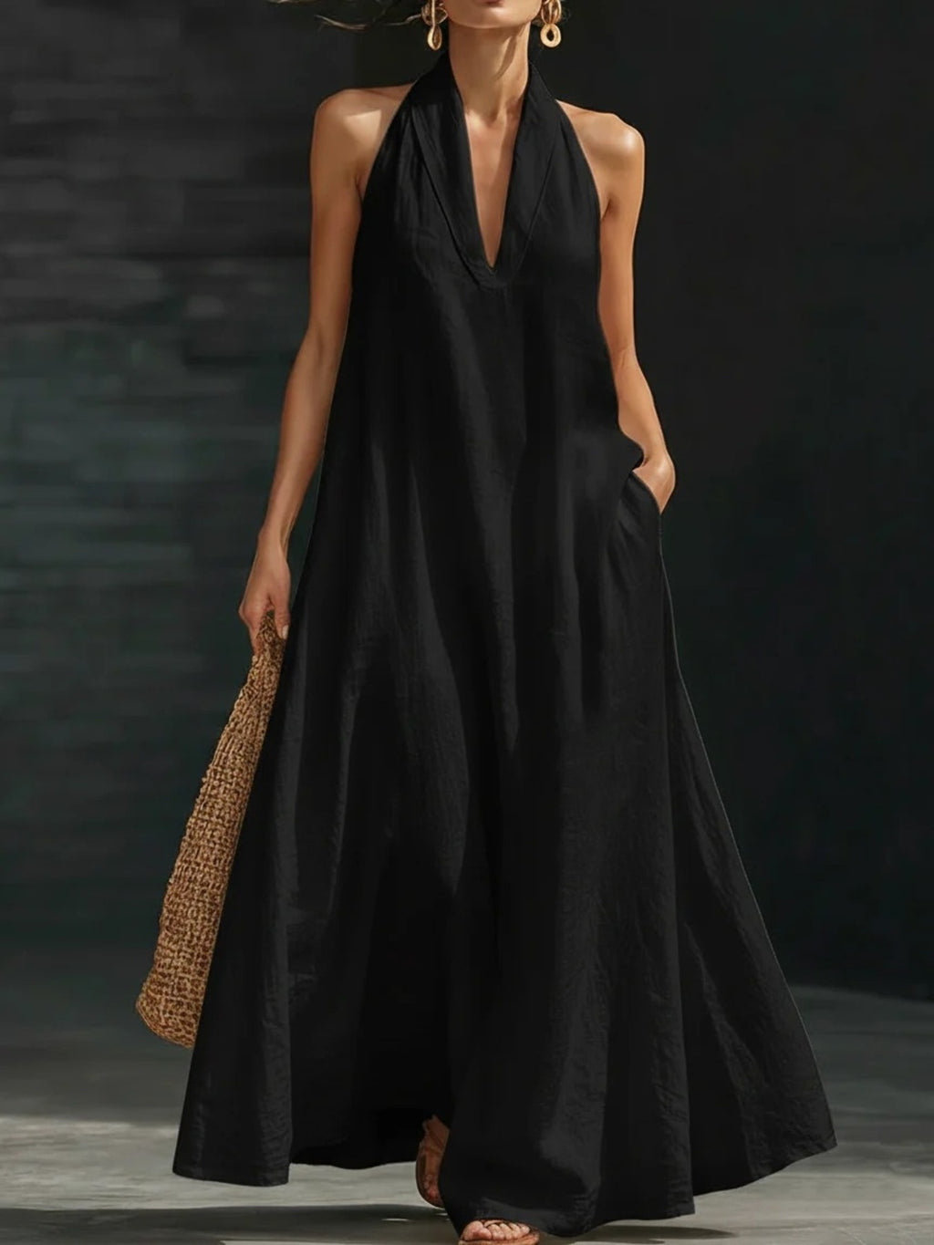 Halter Neck Maxi Dress with Pockets - Girly Tea