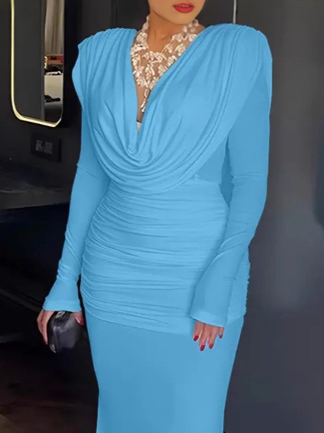 Ruched Long Sleeve Maxi Dress - Girly Tea