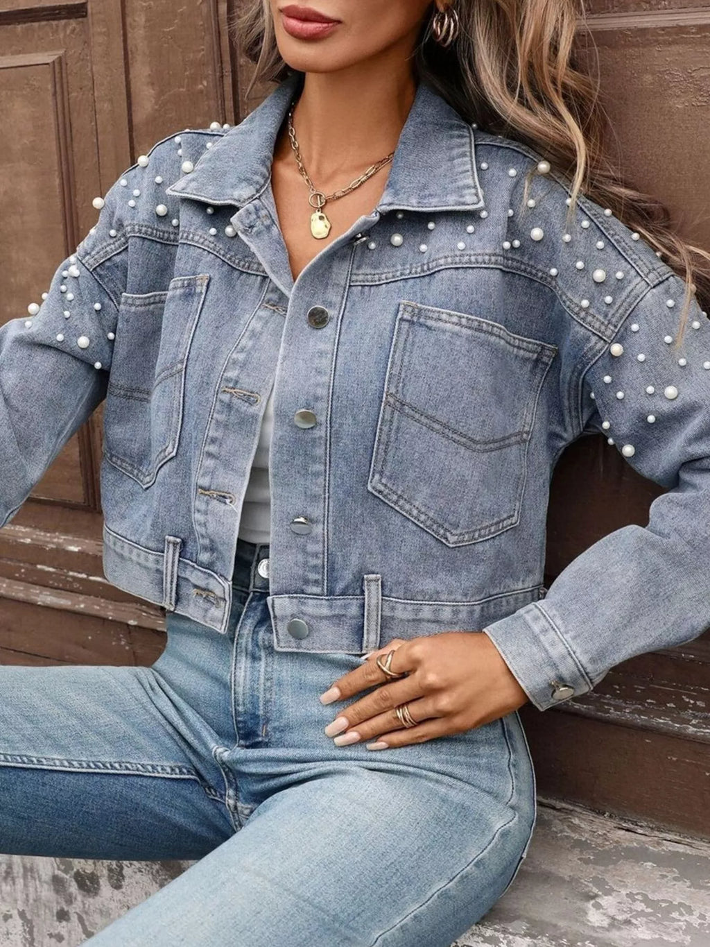 Pearl Embellished Cropped Denim Jacket - Girly Tea
