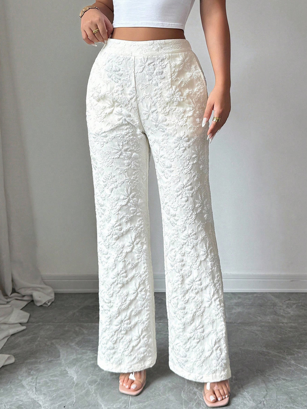 Textured High Waist Wide Leg Pants - Girly Tea