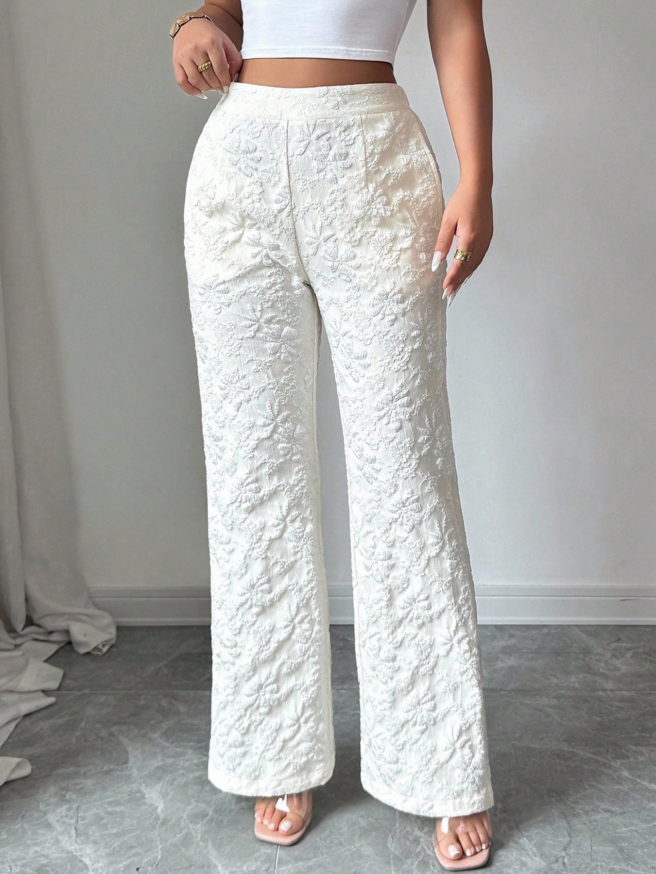 Textured High Waist Wide Leg Pants - Girly Tea