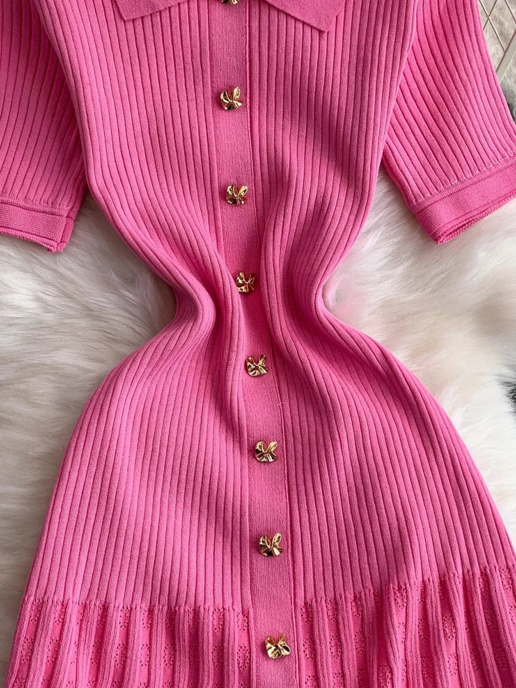 Button Front Ribbed Knit Midi Dress - Girly Tea