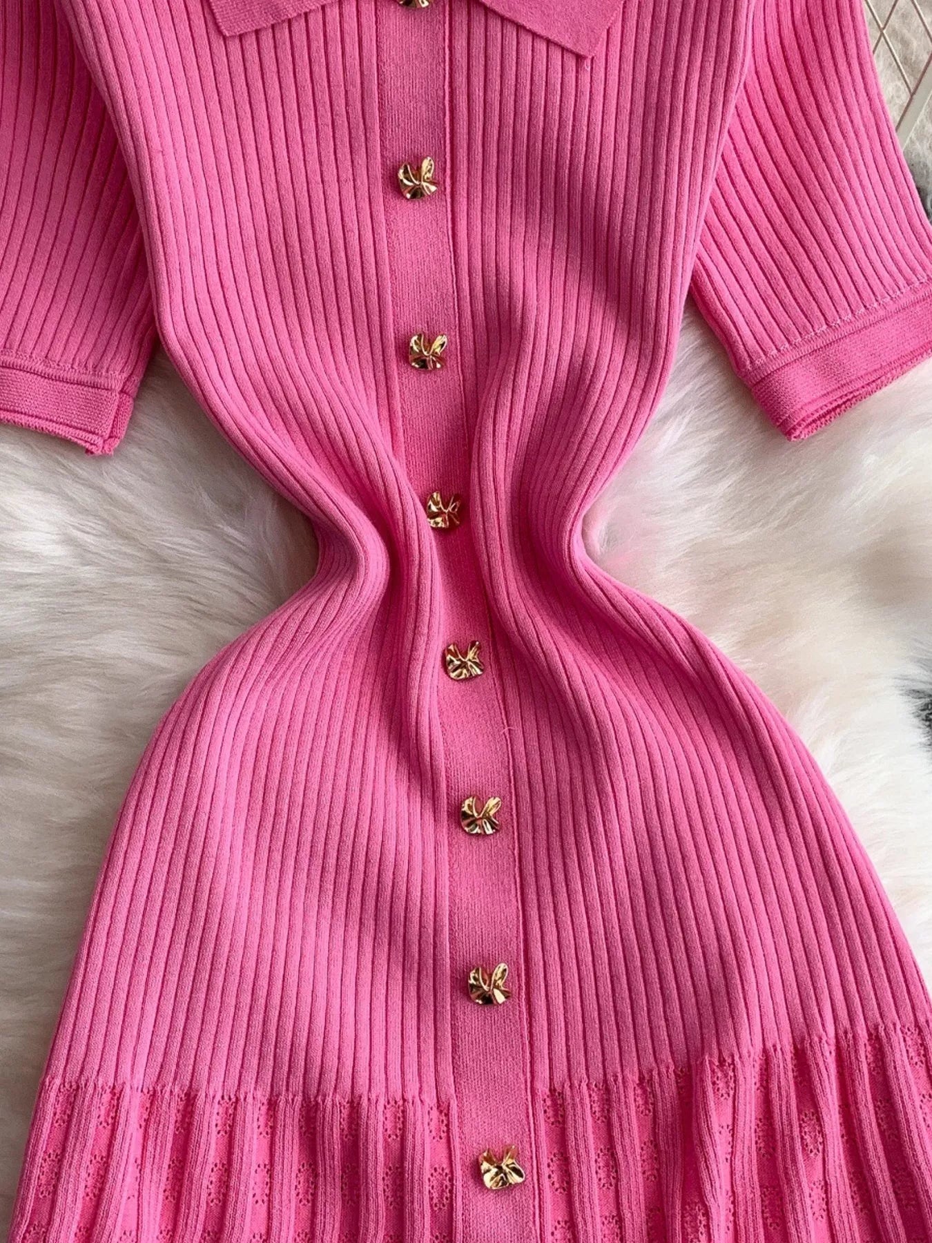 Button Front Ribbed Knit Midi Dress - Girly Tea