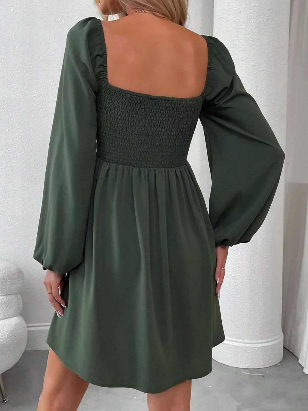 Ruched Square Neck Long Sleeve A-Line Dress - Girly Tea