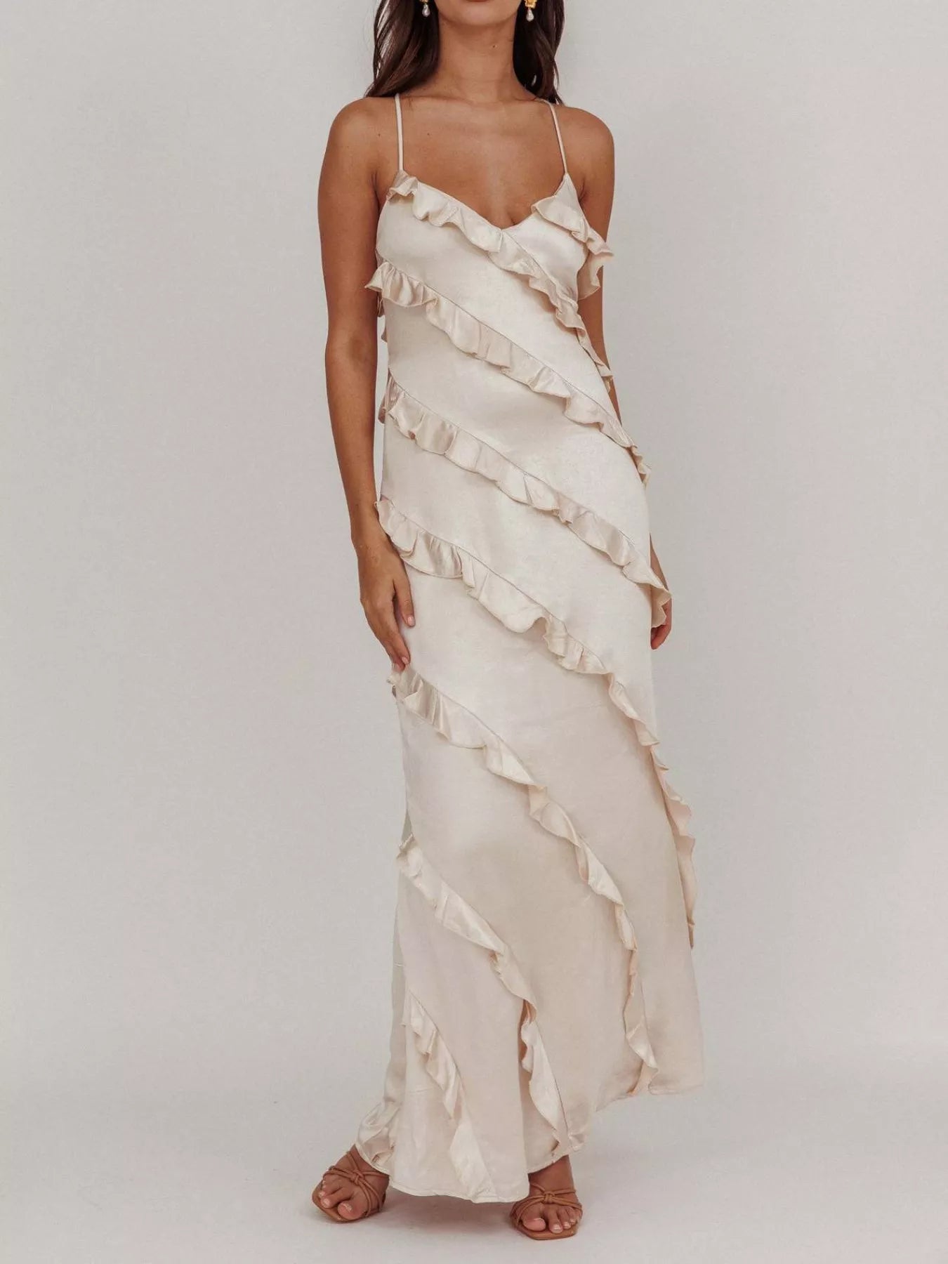 Ruffled Spaghetti Strap Maxi Dress - Girly Tea