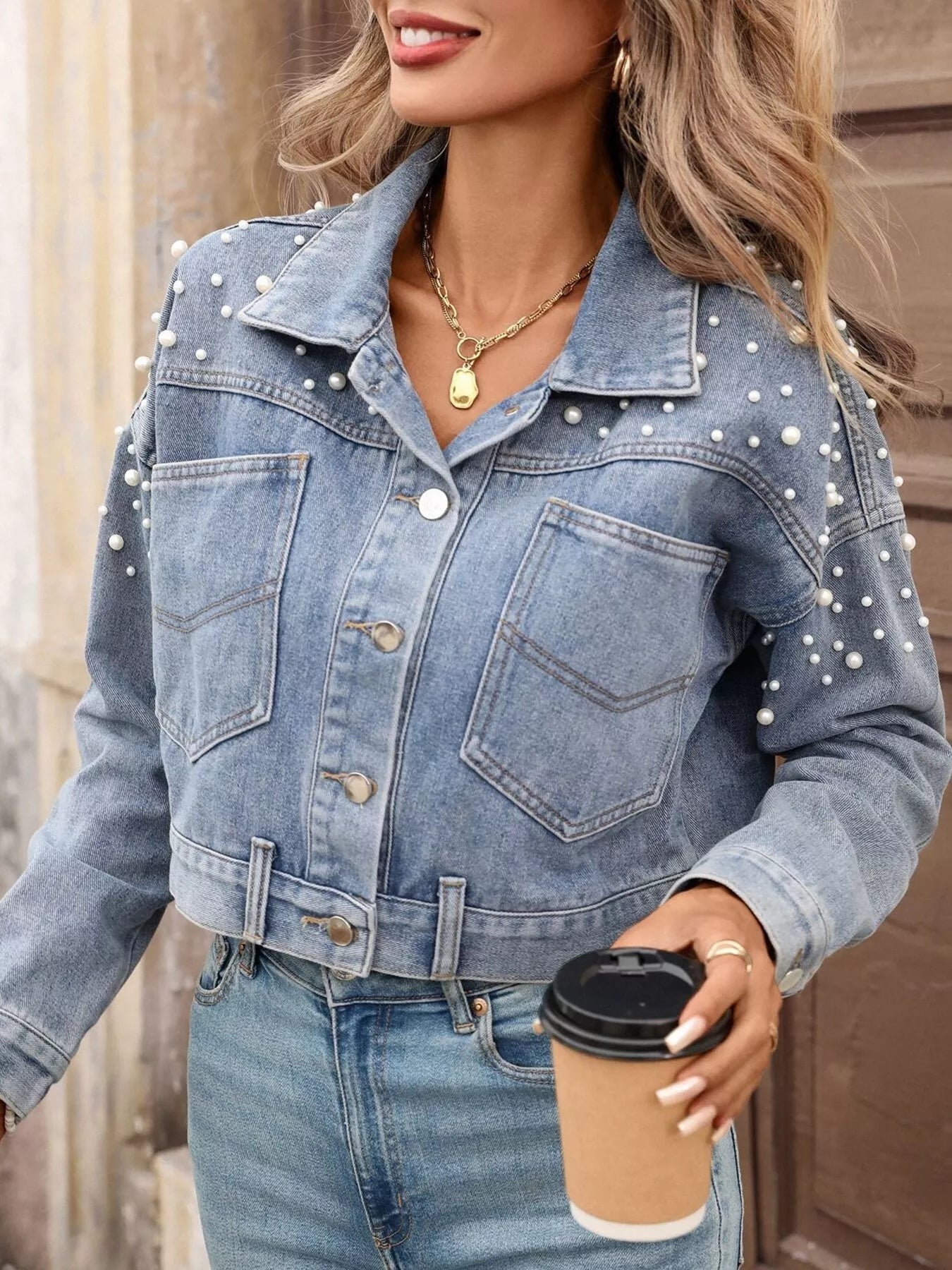 Pearl Embellished Cropped Denim Jacket - Girly Tea