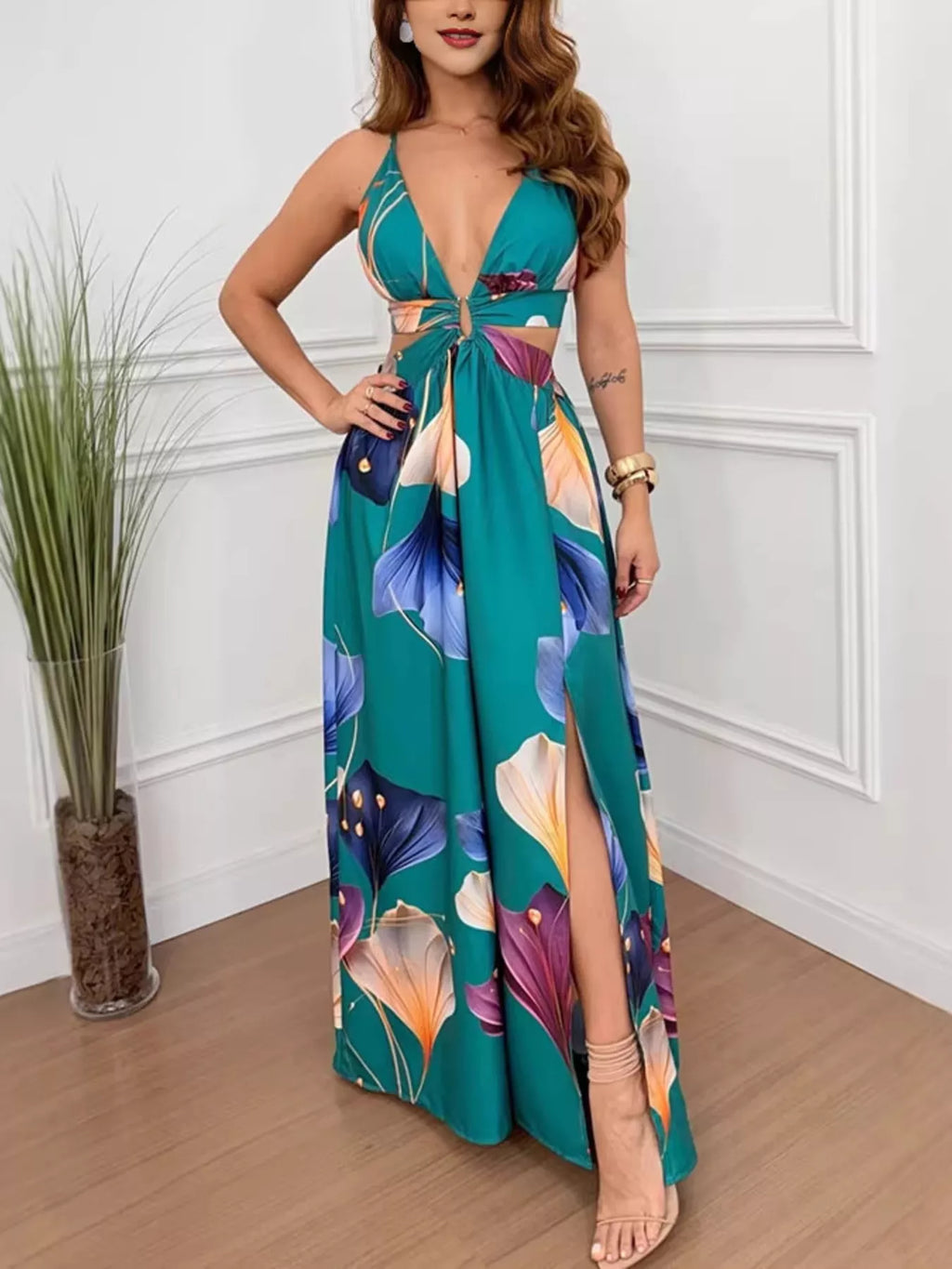 Tropical Print Plunge Cutout Slit Maxi Dress - Girly Tea