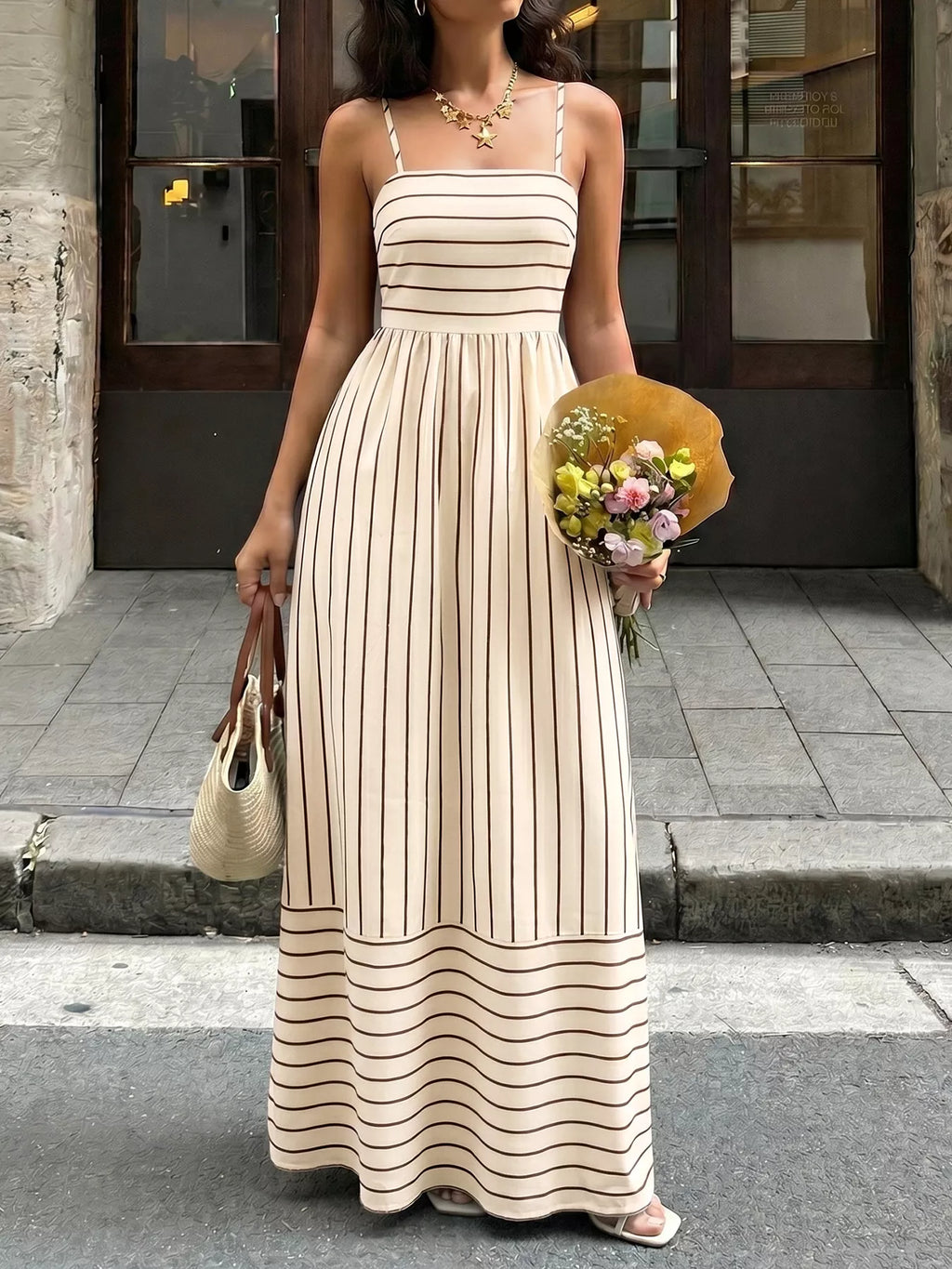 Striped Print Spaghetti Strap Maxi Dress - Girly Tea