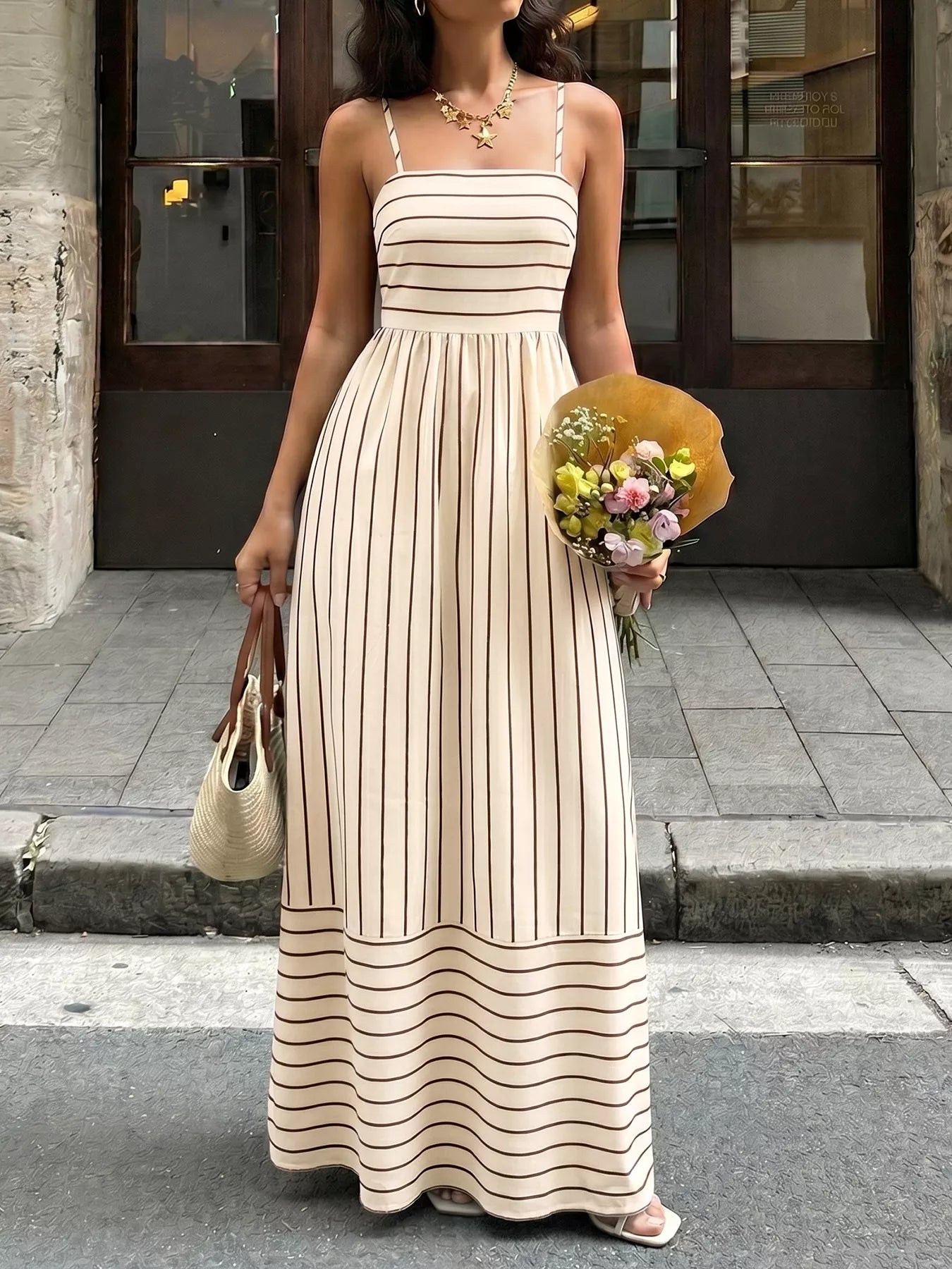 Striped Print Spaghetti Strap Maxi Dress - Girly Tea
