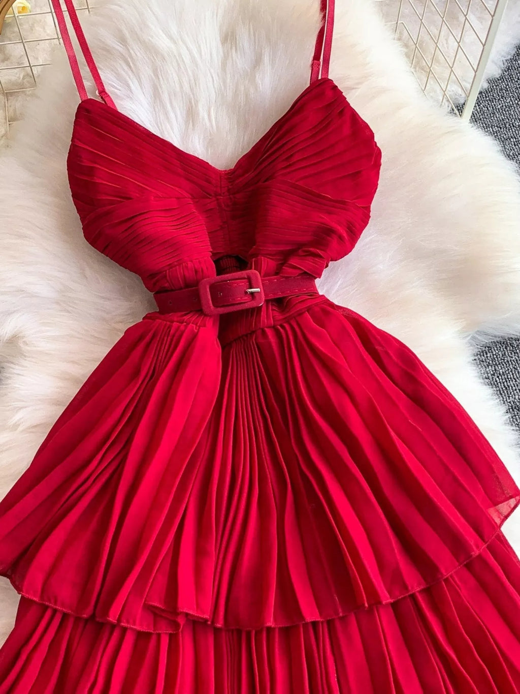 Pleated Layered Spaghetti Strap Midi Dress - Girly Tea