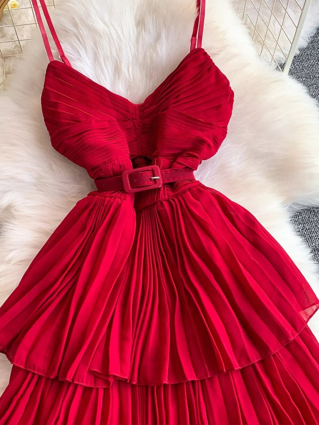 Pleated Layered Spaghetti Strap Midi Dress - Girly Tea