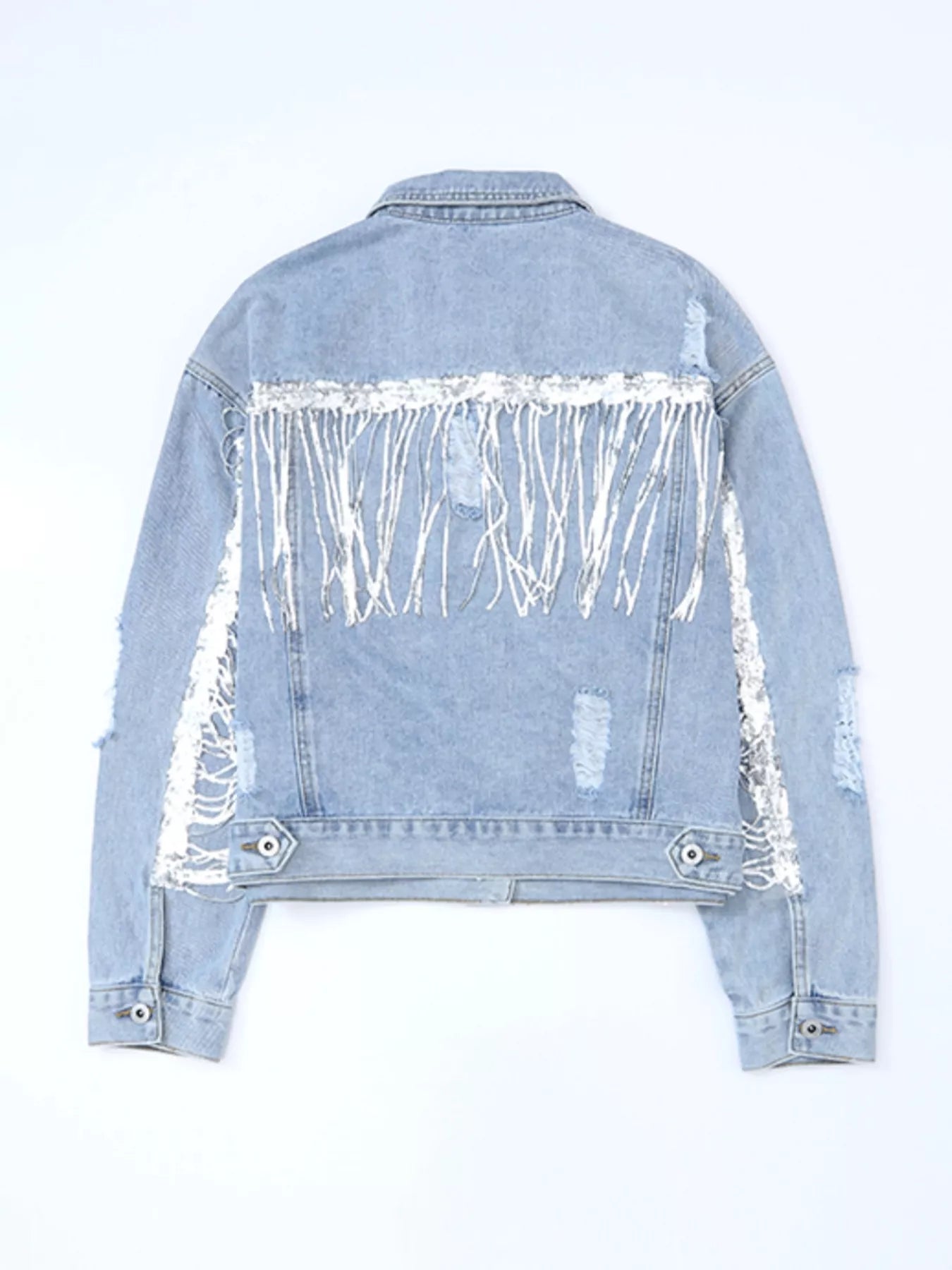 Fringed Sequin Embellished Denim Jacket - Girly Tea