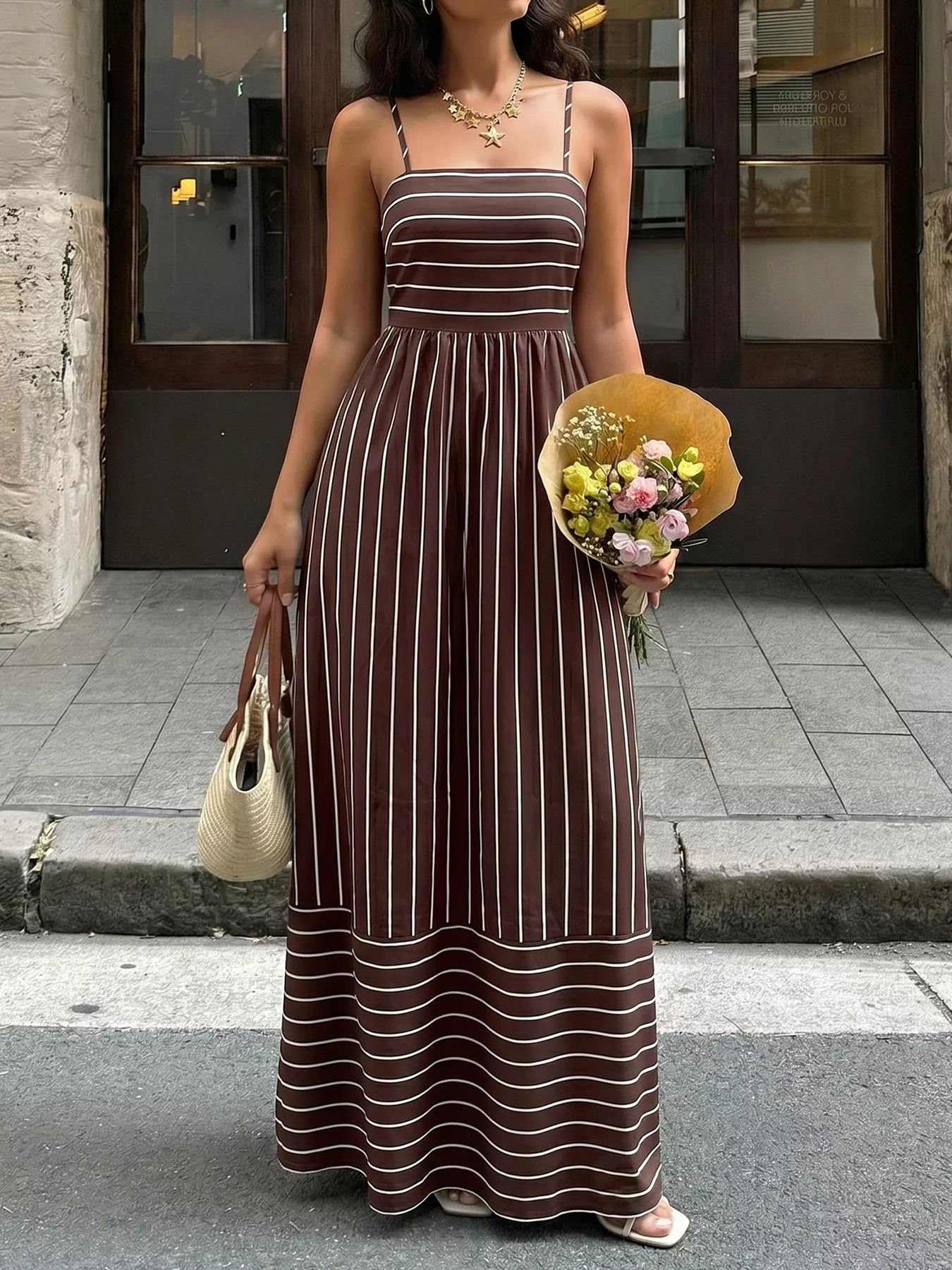 Striped Print Spaghetti Strap Maxi Dress - Girly Tea