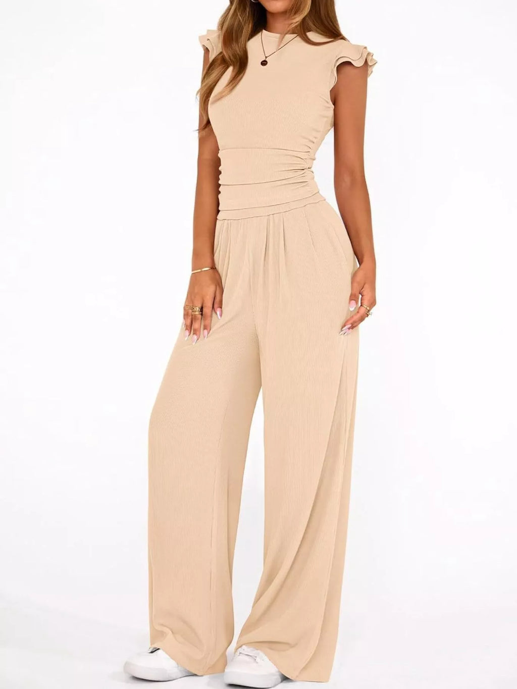 Ruffled Mock Neck Top and Wide Leg Pants Set - Girly Tea