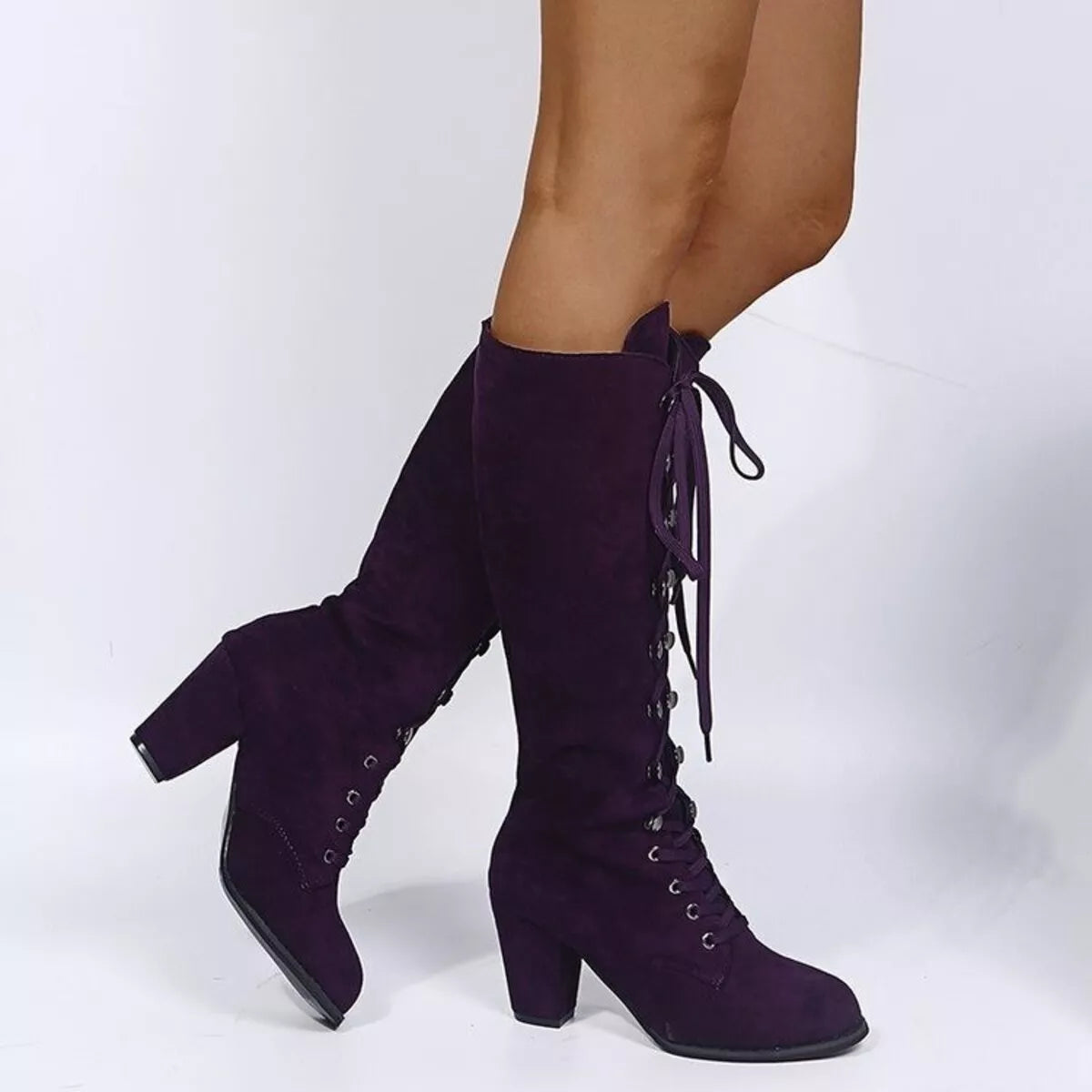 Lace Up Block Heels Boots - Girly Tea