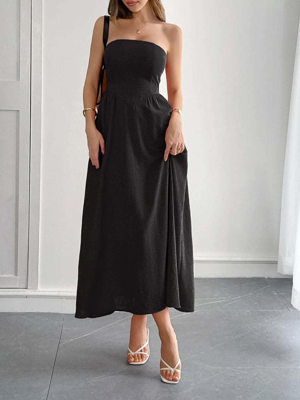 Strapless A-Line Midi Dress with Pockets - Girly Tea