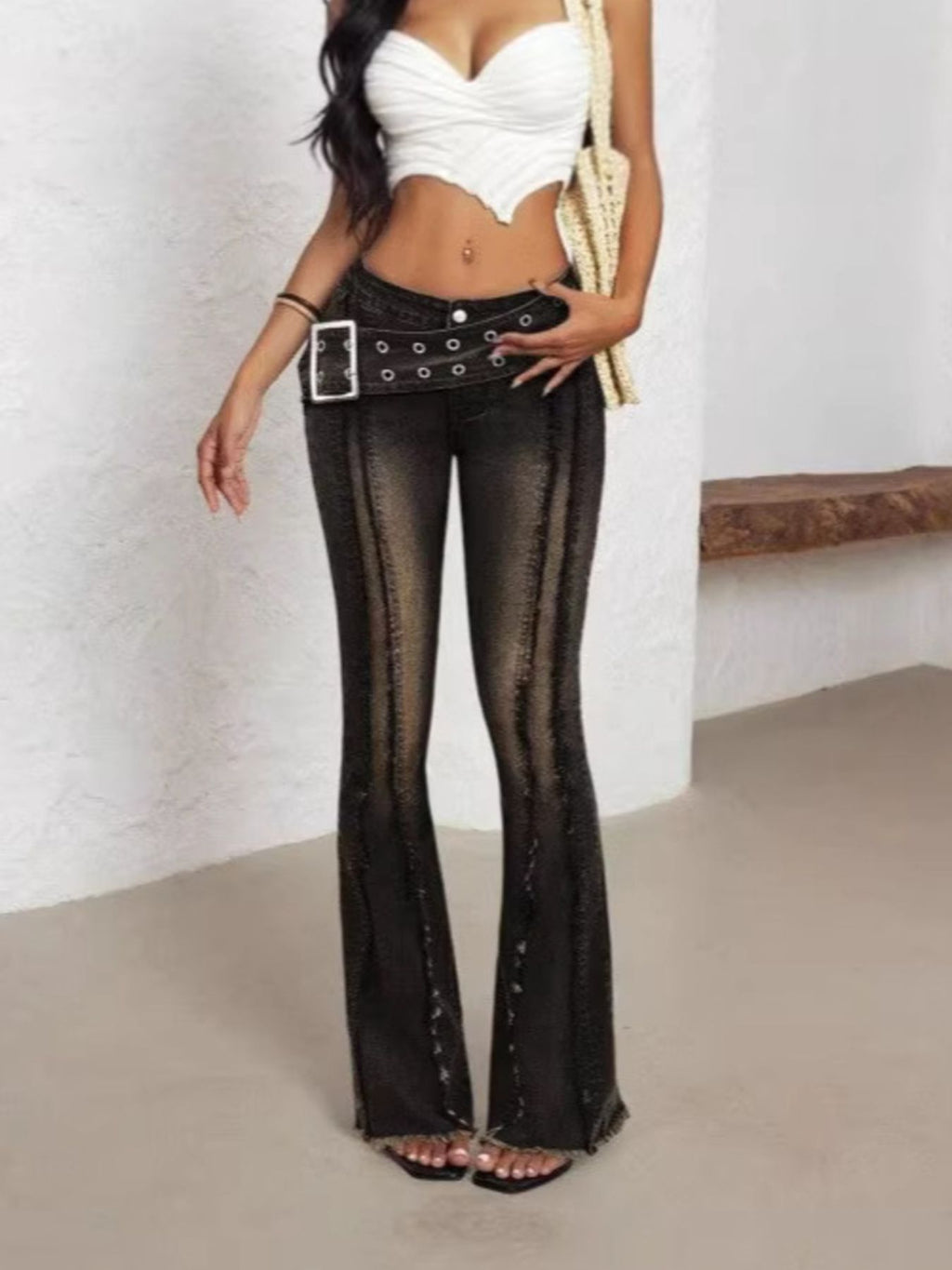 Belted High Waist Flare Jeans - Girly Tea