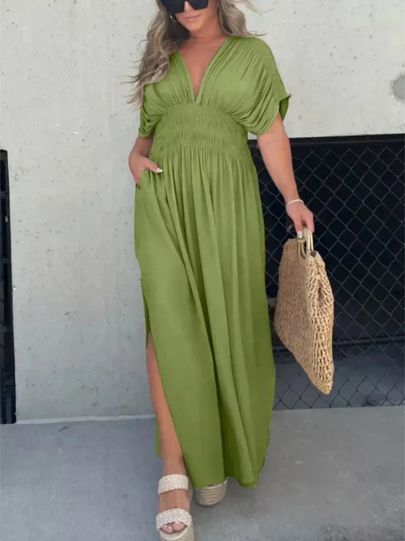 Full Size Slit V-Neck Smocked Waist Maxi Dress Plus Size - Girly Tea