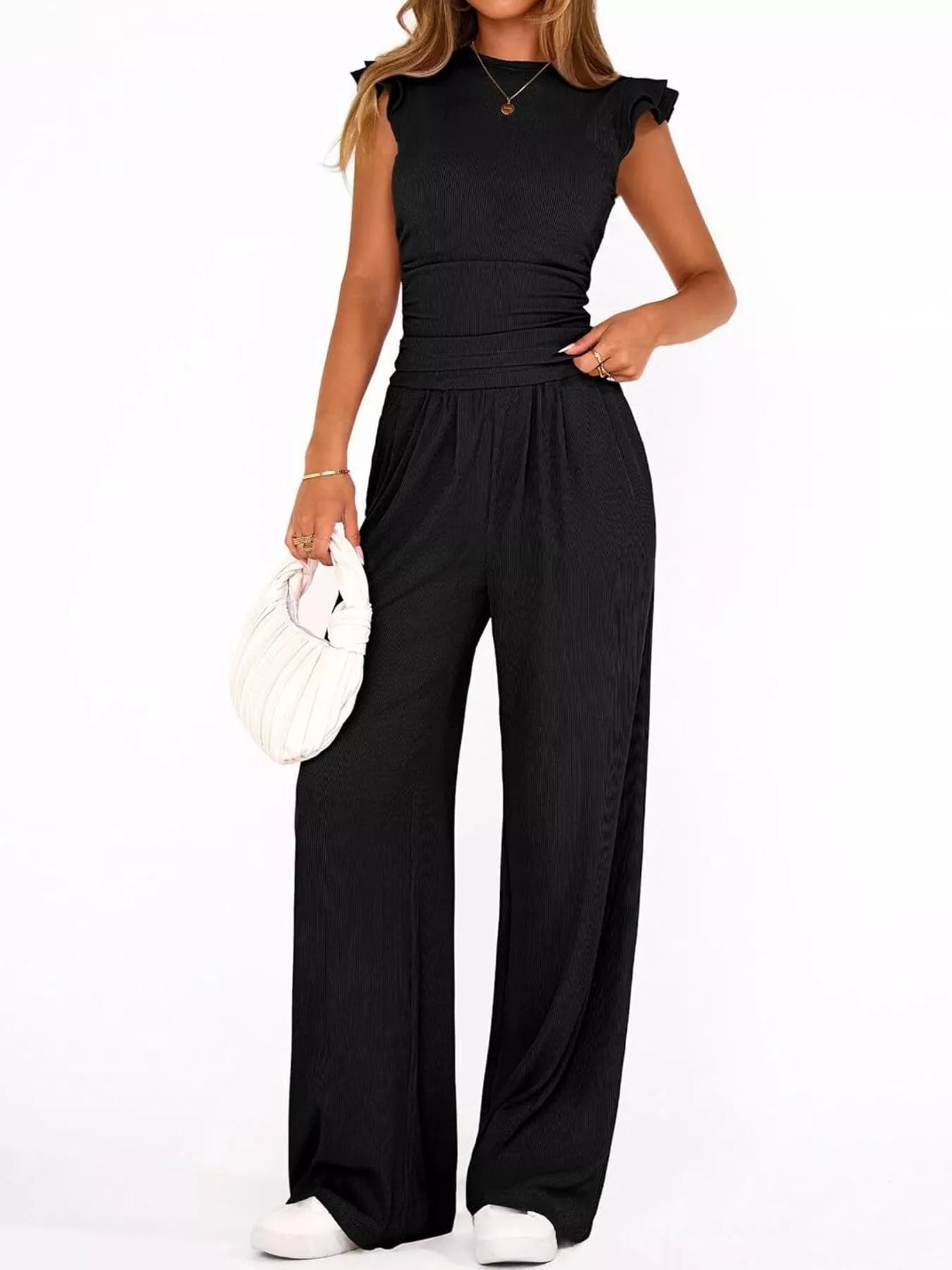 Ruffled Mock Neck Top and Wide Leg Pants Set - Girly Tea