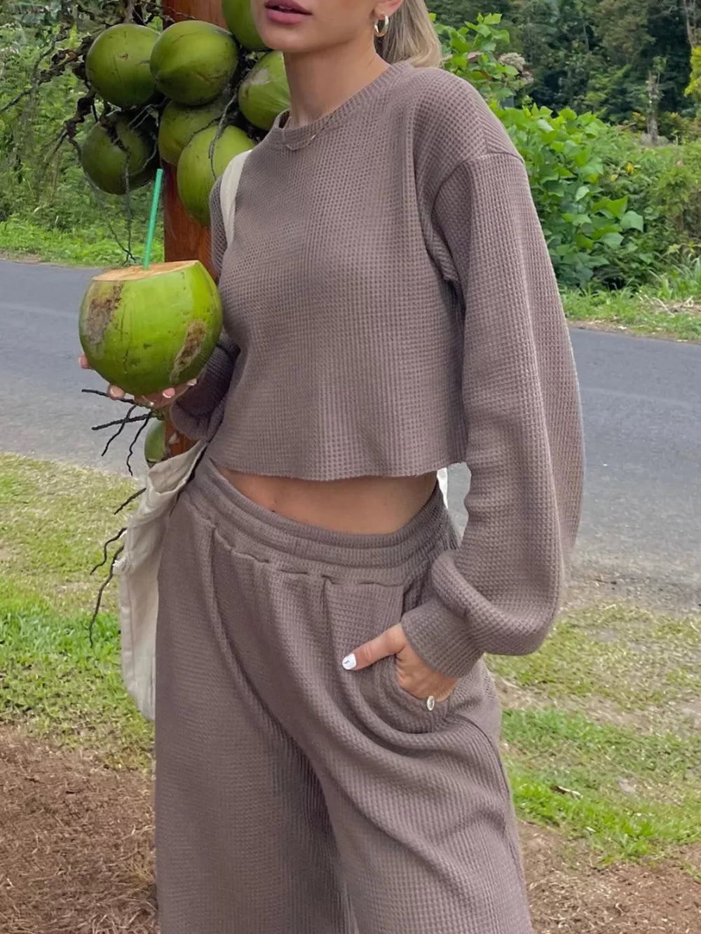 Waffle-Knit Round Neck Top and Pants Set - Girly Tea